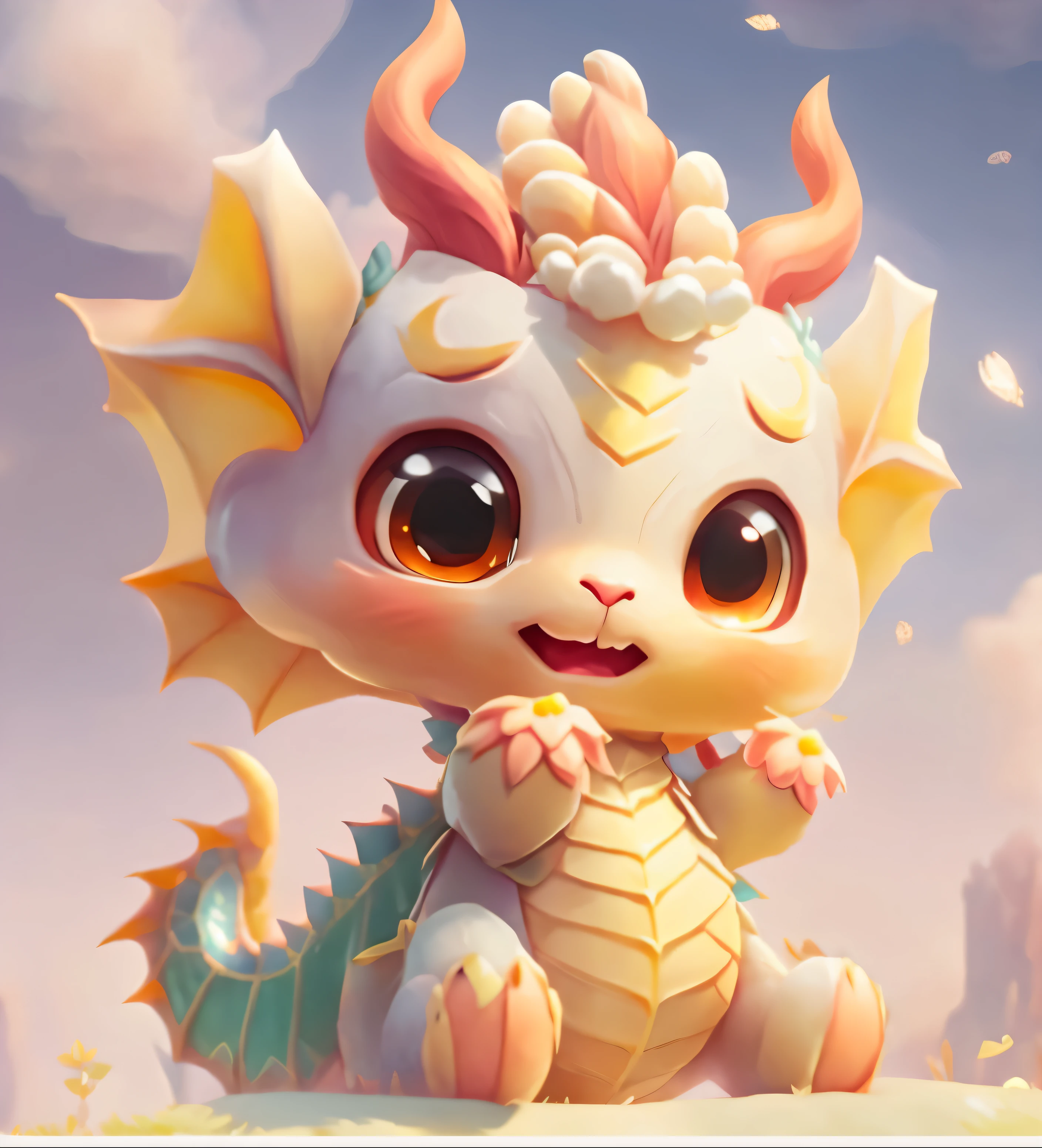 There is a small white dragon sitting on a misty hill, cute little dragon, Cute detailed digital art, newly hatched dragon, inspired by Park Hua, lovely digital painting, drak, style of wlop, Spastic Painting wind, happy brave magical cuteness, cute character, adorable digital art, soft delicate draconic features, style of wlop,Cute little paws,There is a pair of dragon horns on the head