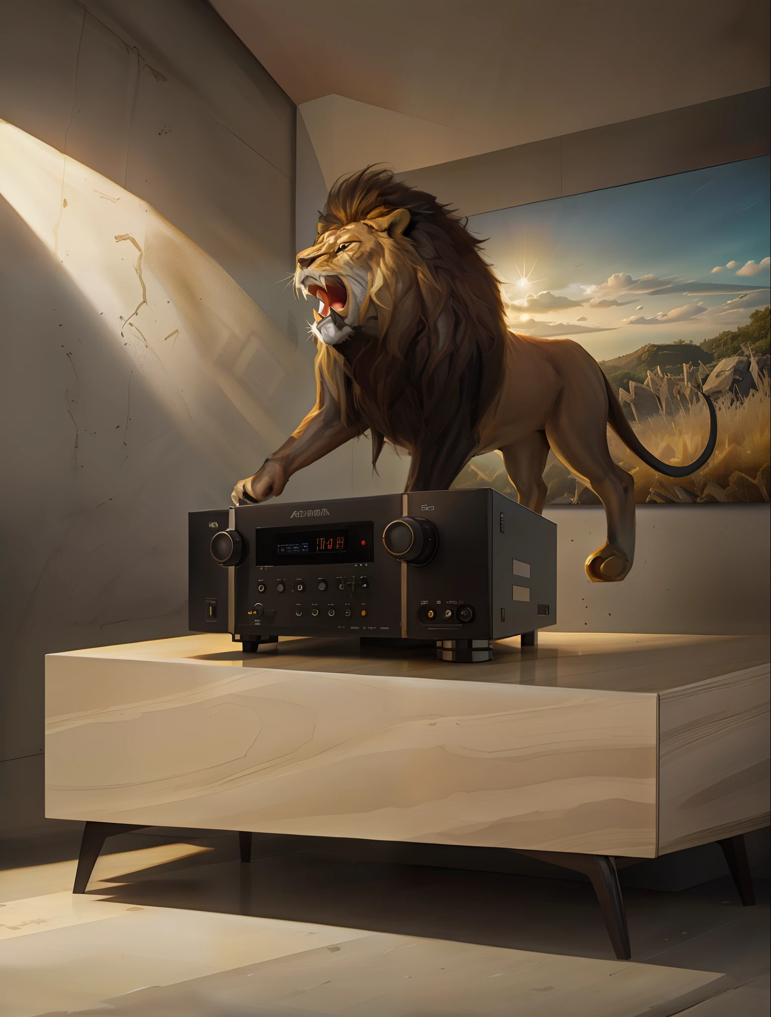 （black amplifier：1.3）((masterpiece, best quality)), 8k, modern architectural style, Photographic Realism, Super detailed photos, 公寓living room的内部是高分辨率的，living room ，sofa，tv set，lion in grassland: Lie flat--Air 3:2, best quality, a work of art, lifelike