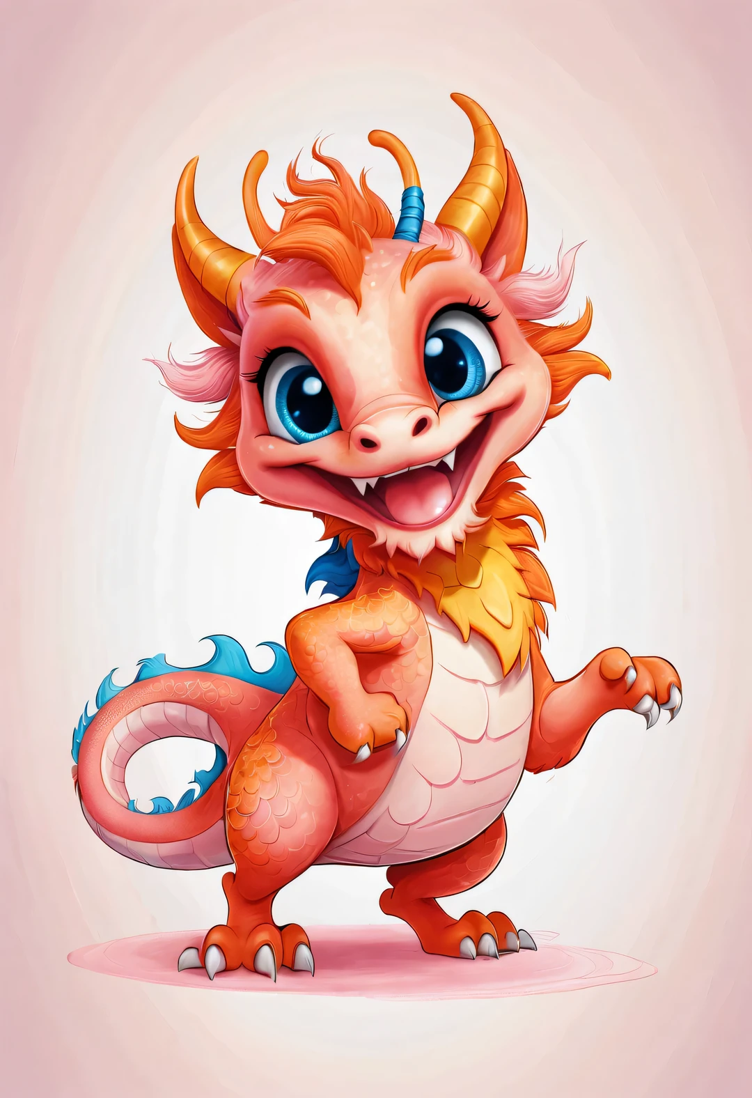 role conception: A cute Chinese dragon，Has orange fur and big blue eyes, Squint your eyes and smile mischievously (Crescent), Wearing scarlet clothes, range mark drawing, monochrome, Ballpoint pen outline, 4K, soft pink