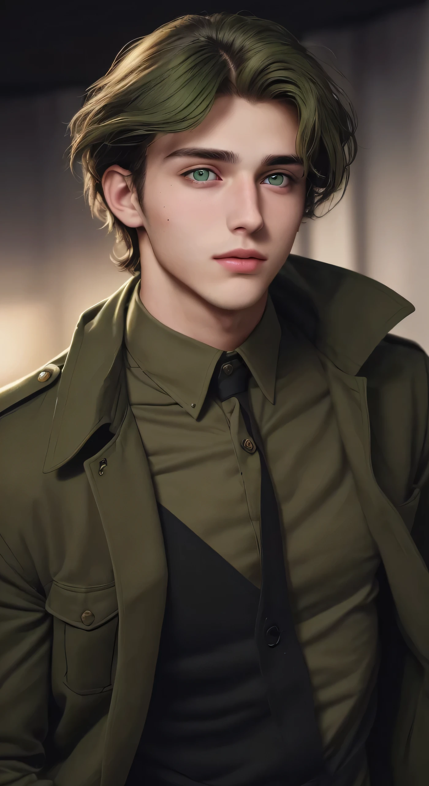 A handsome 23-year-old man with a real face, olive green eyes, well-groomed hair