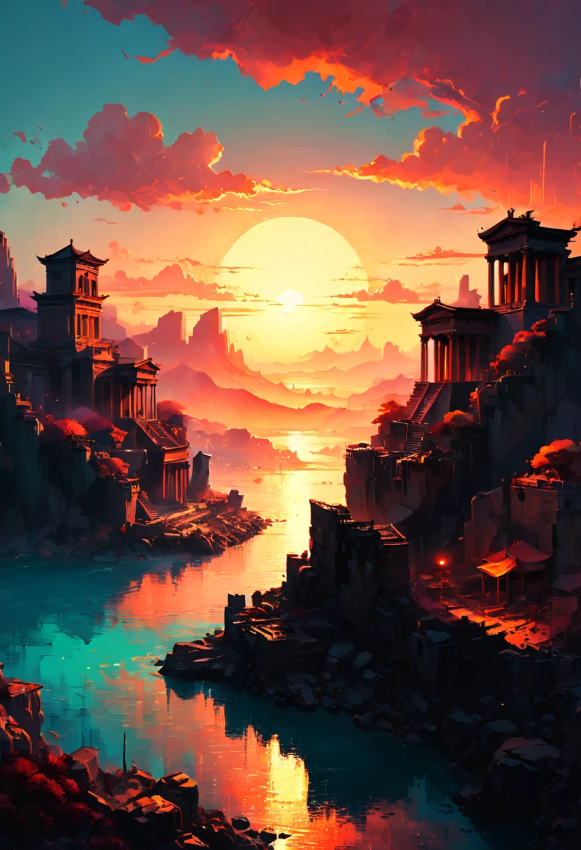Ancient City, Sunset, by Naoki Urasawa, best quality, masterpiece, 8k