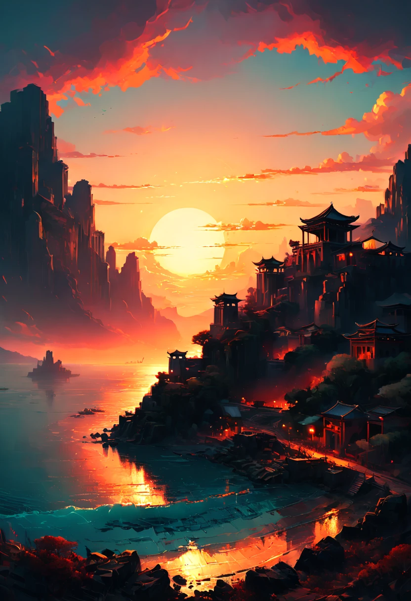 Ancient City, Sunset, by Naoki Urasawa, best quality, masterpiece, 8k