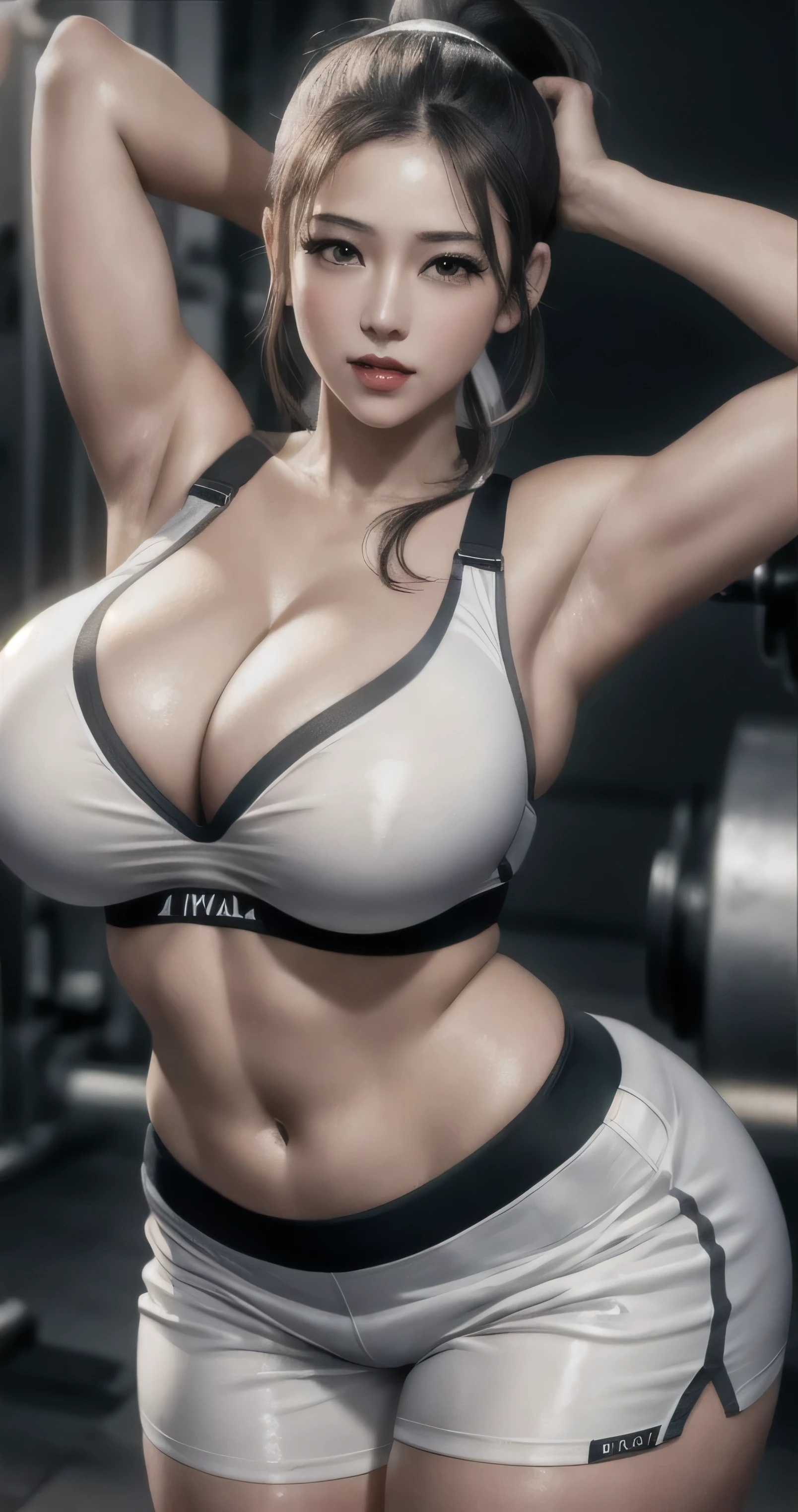 a close up of a woman in a white bra top and shorts, thicc, photorealistic perfect body, chun li at the gym, powerful and huge, oppai, sfw huge breasts, with large breasts, white bra, biomechanical oppai, realistic shaded perfect body, thicc build, large breasts size, tifa, tifa lockhart, thick body