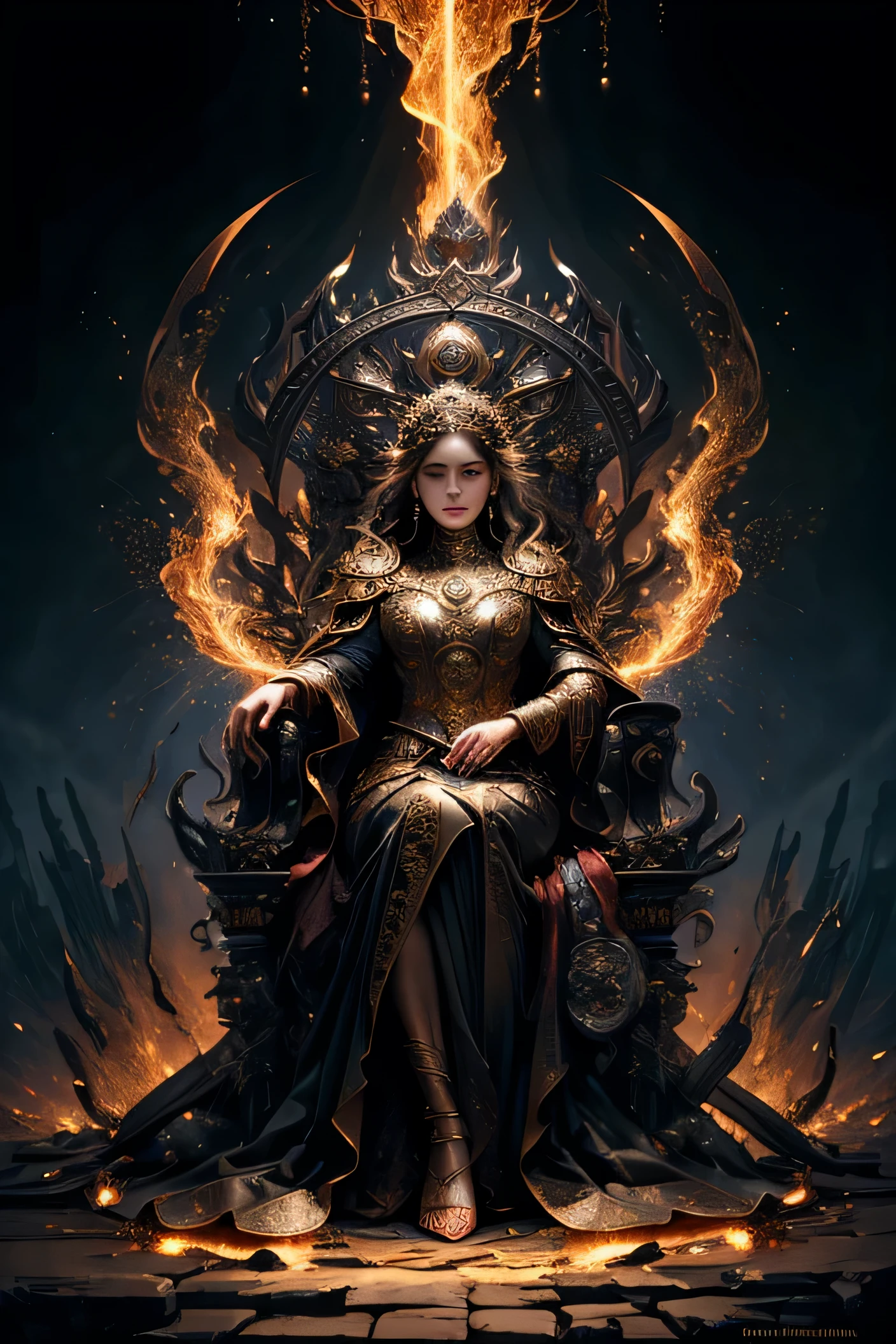 (Dark Fantasy:1.2), (Masterpiece, Epic Quality, Epic Realism, Ultra Resolution, 8K Photo Unity, Epic Detail: 1.1), Woman on a throne, house of the moon and rising sun, (Intricate Details, Dynamic Angle, The Most Beautiful Form of Chaos, Night, Fire, Sparks, Ashes, Rim Lighting, Soft Lighting, (Professional Photography, Photorealism, Hyperrealism), Ray Tracing, HDR