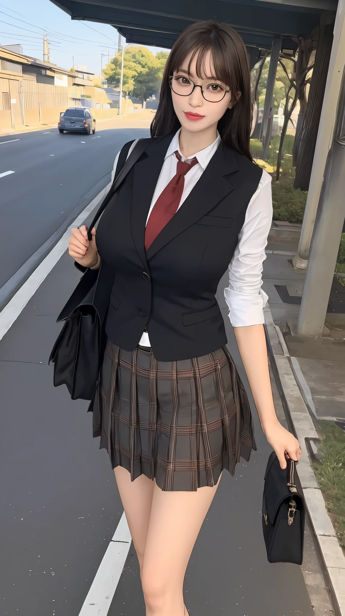 masterpiece, best quality, ultra-detailed, illustration,, (paisura:1.4), 1girl, glasses, big breasts, necktie, sexy skirt, bag, sexy school uniform, black hair, outdoors, road, between breasts, street, school bag, ground vehicle, danchi, japan,,  slender body 