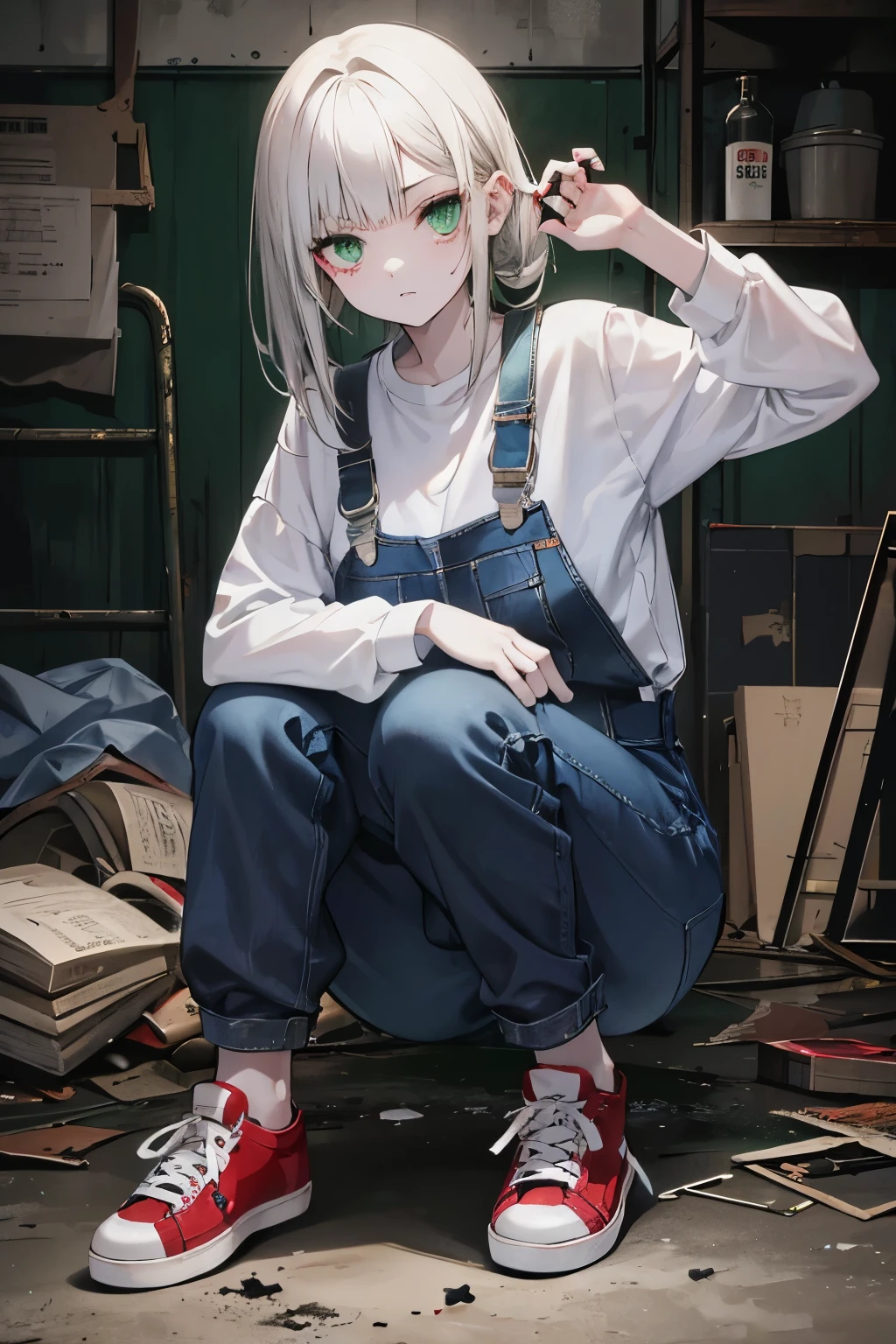 Jogo de terror, 20-year-old girl with white skin and green eyes wearing a denim jumpsuit with long pants, a pair of red vans sneakers, uma camisa branca de golas pretas, her hair is dark and straight and she is in a dark and terrifying abandoned factory at night, she's a little bruised and dirty, on her face there is an expression of fear and she is carrying a camera.