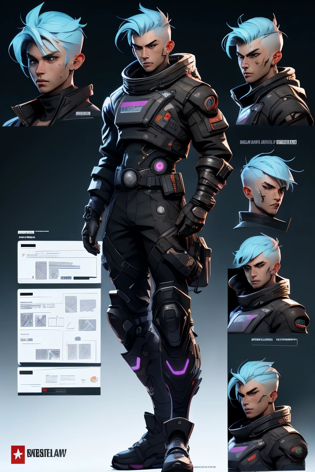 Cyberpunk male character sheet for a space video game with menu on the left side, show character art, no upper piece of clothing, sheet containing information menu, information windows , On a star field background