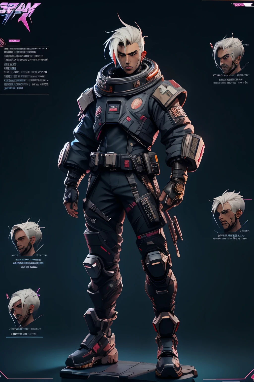 Cyberpunk male character sheet for a space video game with menu on the left side, show character art, no upper piece of clothing, sheet containing information menu, information windows , On a star field background