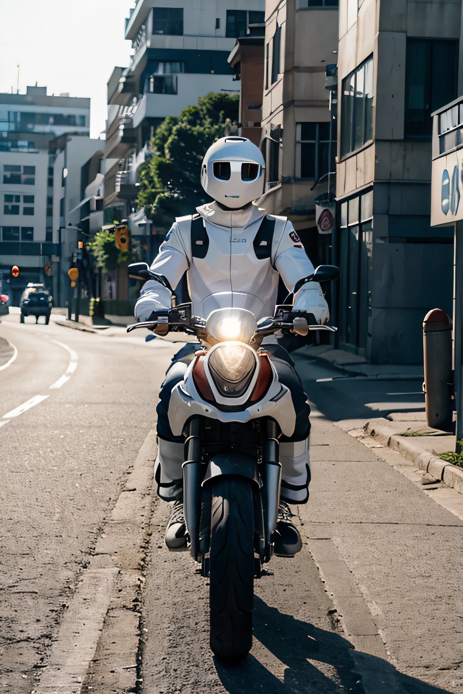 create a white robot on top of a delivery motorbike, carregando uma mochila, happy robot, fundo da estrada, good lighting 1800 x 600px .jpg de alta qualidade