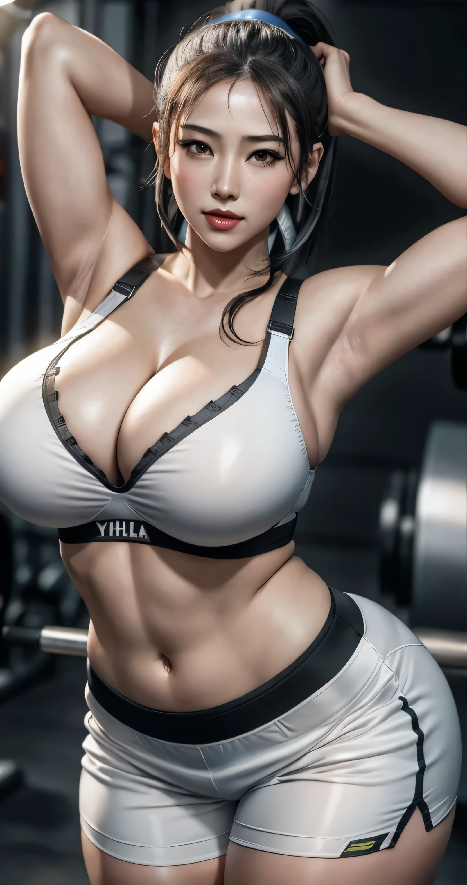 a close up of a woman in a white bra top and shorts, thicc, photorealistic perfect body, chun li at the gym, powerful and huge, oppai, sfw huge breasts, with large breasts, white bra, biomechanical oppai, realistic shaded perfect body, thicc build, large breasts size, tifa, tifa lockhart, thick body