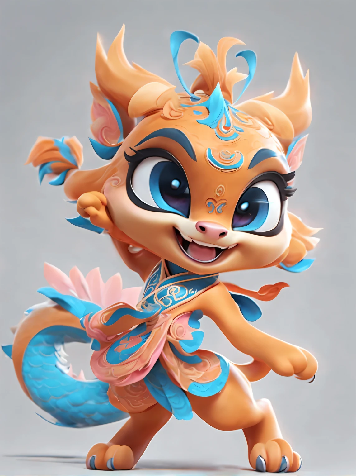 role conception, Cute zodiac dragons，exaggerated gait、Step forward, dynamic action, orange fur, big blue eyes, Squint your eyes and smile mischievously (Crescent), Wearing scarlet clothes, range mark drawing, monochrome, Ballpoint pen outline, 4K, soft pink, interesting,