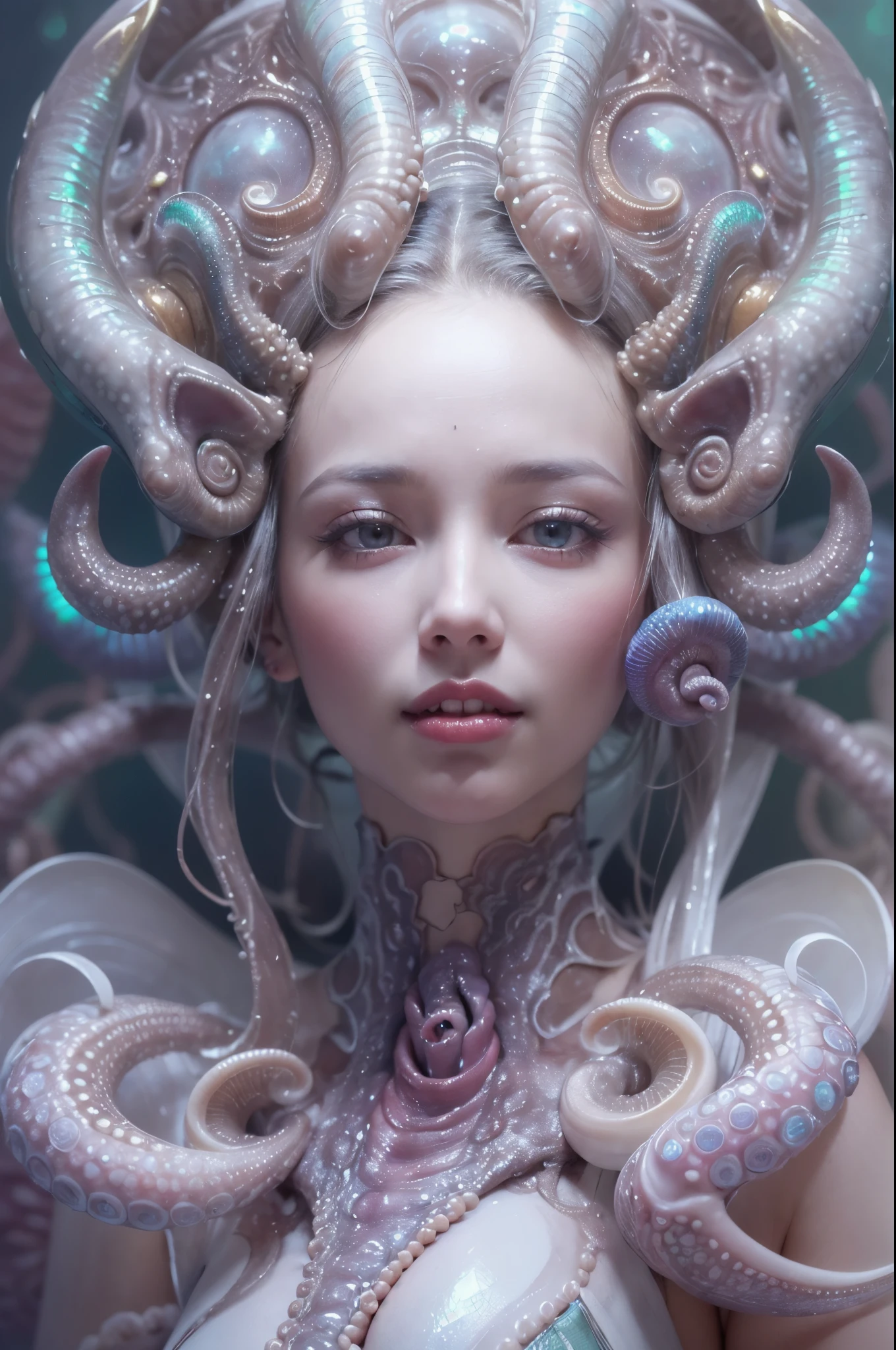 (A portrait of one beautiful and obscene female alien who is a young teenager:1.4), ((There is a female genital-like organ in the middle of her forehead:1.8)), (realistic face:1.2), (Numerous award-winning masterpieces, with incredible detail, textures and maximum detail), artistic photography, midnight aura, unreal engine 5, Ultra Sharp Focus, art by Amano Yoshitaka, ArtGerm, Roisch, intricate artwork, ultra realistic realism, high resolution, High freshness, drawing faithfully, official art, Unity 8K Wall paper, ultra detailed artistic photography, dream-like, Creation of fantasy, dream Snail, (biopunk nautilus:1.3),Thrilling color schemes, seductively smiling, Amazing mutation, well-proportioned body, goddess of the deep sea, fractal, Geometric pattern, impossible figures, (translucent white tentacles with luminescent organs:1.4), subtle emerald green accents, (smiling seductively:1.3),(She has the most beautiful face in the history of the universe:1.5), Penelope Cruz, (she is looking down at viewers with glowing iridescent eyes with no pupils:1.3), an evil gaze that seduces, cinematic lighting, (Vampire-like long canine teeth can be glimpsed through the gap between the cute lips:1.3), in the hall of the palace, Sweet breath is exhaling from beautiful lips, ecstatic expression