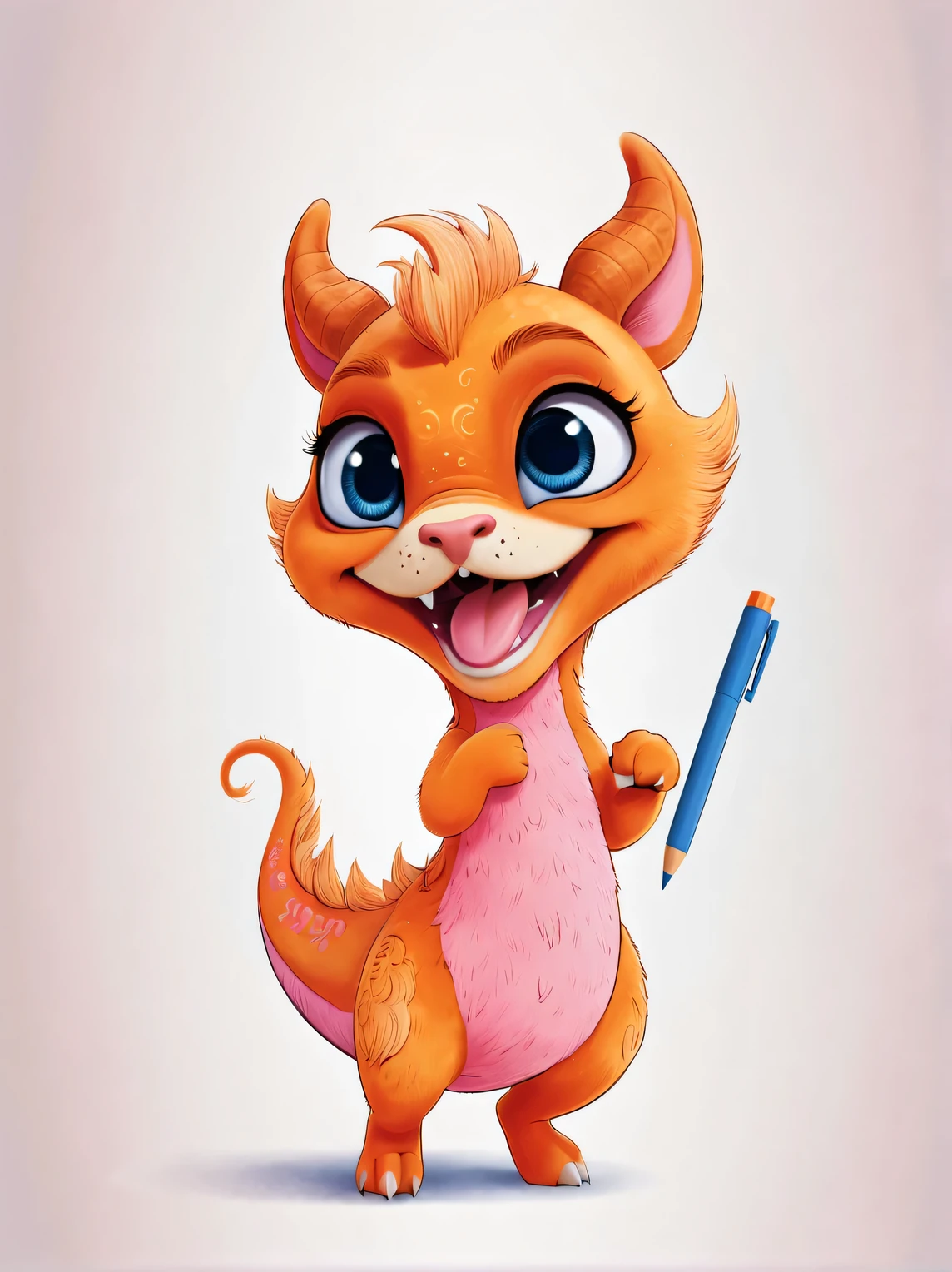 role conception, Featuring the adorable zodiac sign Dragon,exaggerated gait, orange fur, big blue eyes, Squint your eyes and smile mischievously (Crescent), Wearing scarlet clothes, range mark drawing, monochrome, Ballpoint pen outline, 4K, soft pink, interesting,
