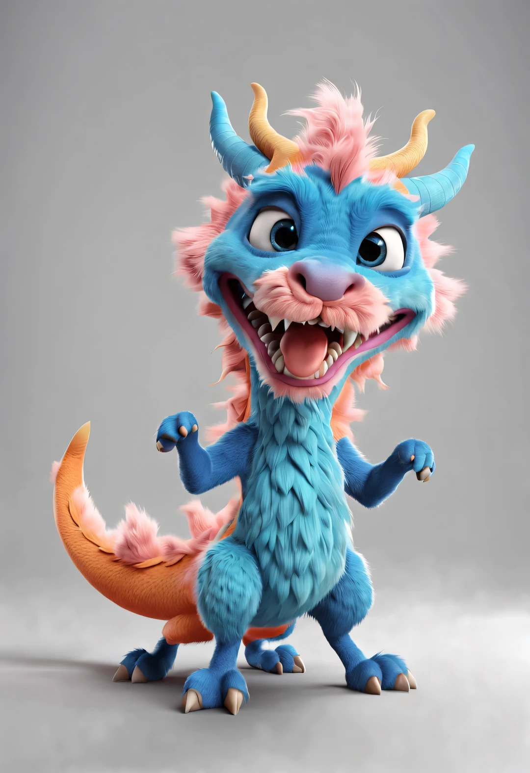 3d rendering, realistic fur, role conception, The cute Chinese zodiac sign Dragon takes an exaggerated stride, dynamic action, orange fur, big blue eyes, Squint your eyes and smile mischievously (Eyes narrowed into crescent shape), Wearing scarlet clothes, range mark drawing, monochrome, Ballpoint pen outline, 4K, soft pink, interesting,