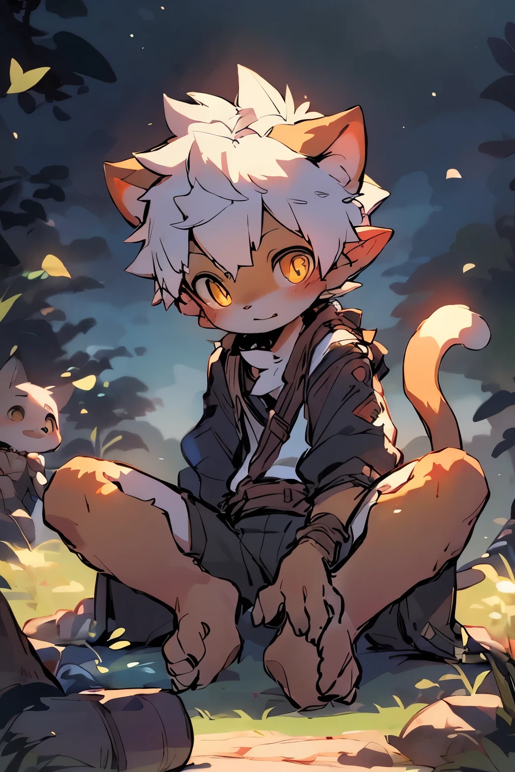 A little boy in a beautiful and enchanting landscape，Lying in a wheat field, Popular topics on artstation pixiv, Gurwitz-style artwork, very handsome， Gurwitz, guweiz on artstation pixiv, Young male beast too human cat，red scales，white hair，Full body image，Aerial View，Recumbent position，male，juvenile，((horny boy))，，((author：Puinki,artist:1.2),(author：Unreal Land,author：Kuroi Junmi,author：milkytiger1145,author：Morkey,(author：Xia Huaiting:0.8),(by Pino Deheni:0.8)，Slender limbs，slender legs，thin legs，Orc Shota，Slender legs，juvenile兽人的thin legsSlender limbs，Four-headed body proportions，Orc Shota，juvenile兽太，Small shorts，Golden pupils，12k，Exquisite picture with rich details，The beauty of light and shadow，high resolution，Master masterpieces，The expression is simple，Look at the camera with dependent eyes，neko boy，Cat features more，There is a beautifully made sword with a gear structure on the ground.，Celluloid painting method，More hairy，Straighten your legs，Thick hair，Hair structure is clear，Clear line drawings