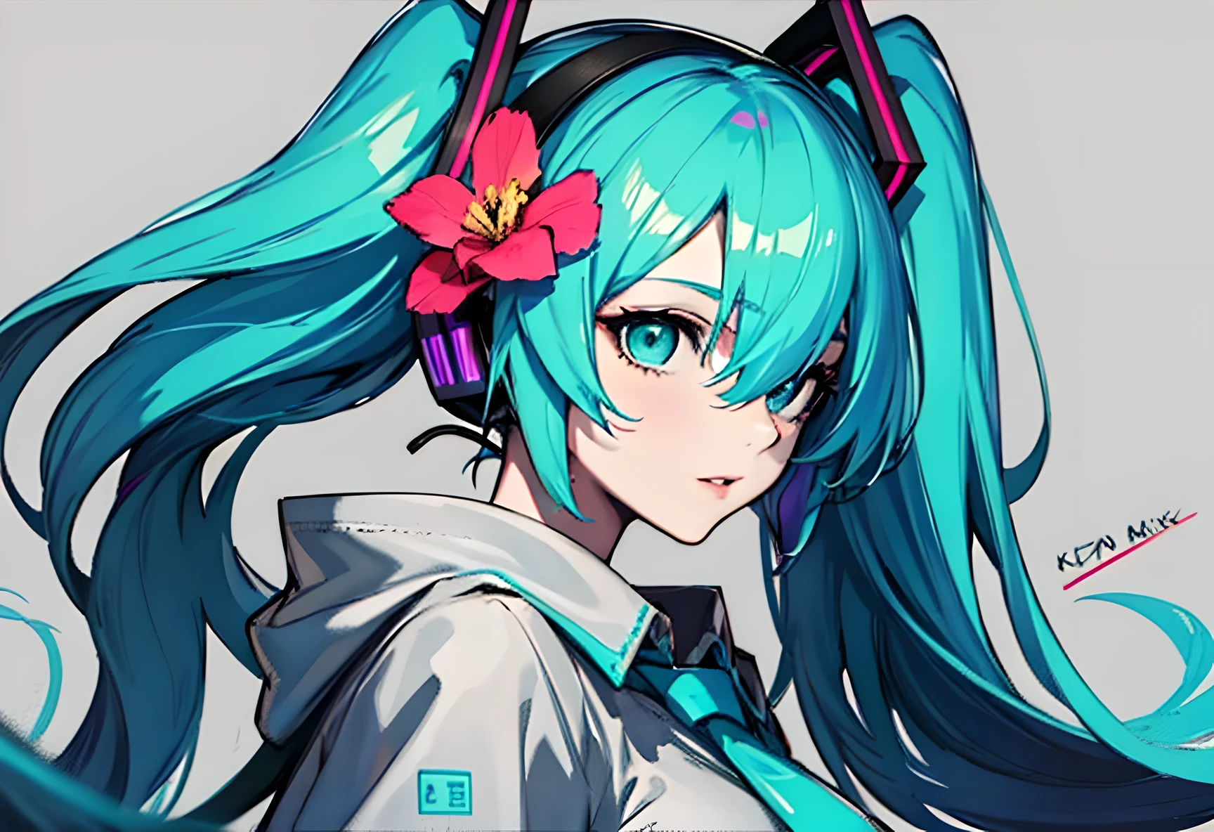 anime girl with flowers in her hair and a gray background, zerochan art, digital art on pixiv, zerochan, anime art wallpaper 4k, anime art wallpaper 4k, pixiv, trending on artstation pixiv, 2d art cover, hatsune miku, cyan colored hair, hatsune miku headphone with flower accent, heads looking right side, eyes on camera