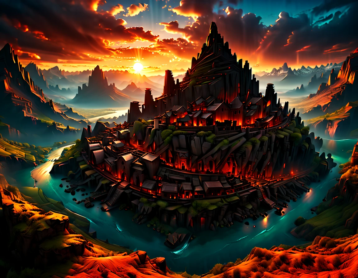 Ancient City at Sunset, by Wu Guanzhong, panoramic view, Ultra high saturation, (best quality, masterpiece, Representative work, official art, Professional, unity 8k wallpaper:1.3)