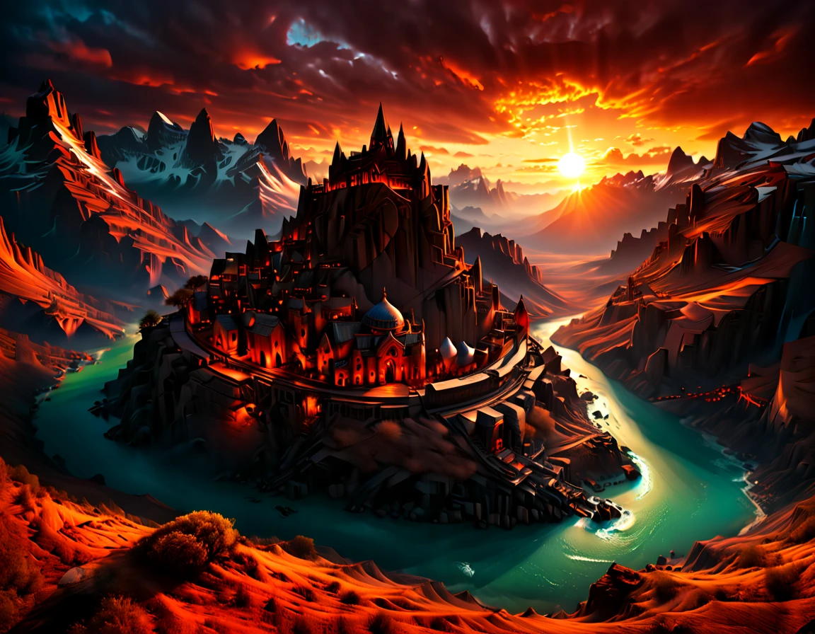 Ancient City at Sunset, by Wu Guanzhong, panoramic view, Ultra high saturation, (best quality, masterpiece, Representative work, official art, Professional, unity 8k wallpaper:1.3)