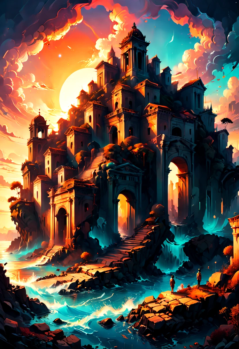 Ancient City, Sunset, by Cyril Rolando, best quality, masterpiece, 8k