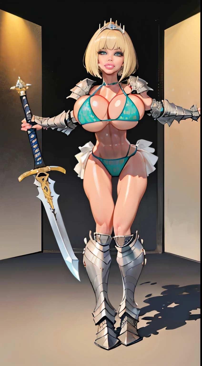 Jessa Rhodes face, woman, bobcut, blondehair, ((black skin:1.4)), adorned in medieval armor, twerking, metal muscles, emanating a medieval elegance and marvel, armor pump boots, chrome bra, chrome silver tiara, small armband, (shoulder armor), gauntlets, ((armored bikini:1.4)), sword, shield, exposed midriff, (puffy lips:1.3), detailed eyes, ((slendered abs:1.2)),((gigantic breasts:1.1)), wide hips, (puffy lips:1.5), slender abs,rim lighting, side light, (((cinematic light))), ultra high definition, 8k, film grain,best shadow, light particles, detailed skin texture, detailed gem armor texture, detailed face, intricate details, super detailed, bright, spiked heel boots