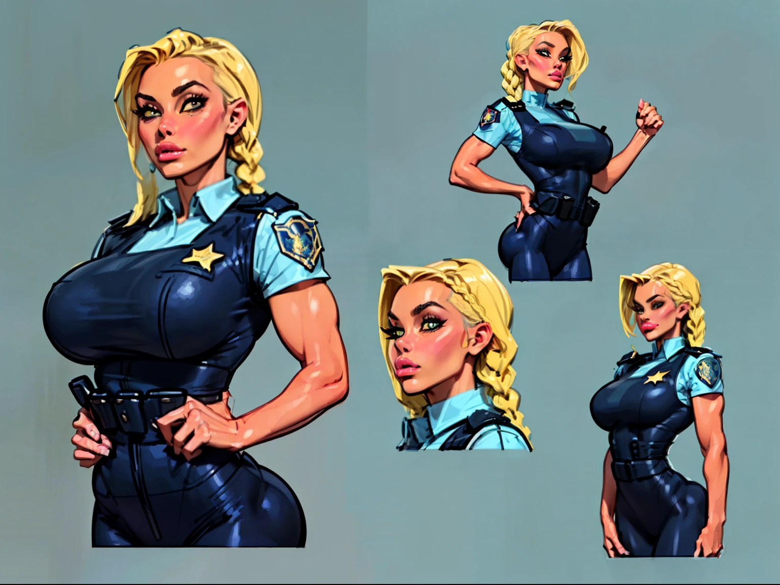 ((Sonya Blade)),((Masterpiece)),(((Best Quality))),((Character design sheet)), illustartion,1Woman, environment Scene change, (hairlong, braided:1.4),((Futuristic policeman:1.3)), muscular, Blackfeet, Thick legs, (gigantic Boobs:1.8), (pale skin:1.3), Light blue shirt, ((Detailed Face:1.1)), Rough sketches, (swollen lips:1.5), pose too, ((blonde hair:1.2)), (Police gear with exposed nipples:1.7) , 8K,16k, (Simple background, light background: 1.3)