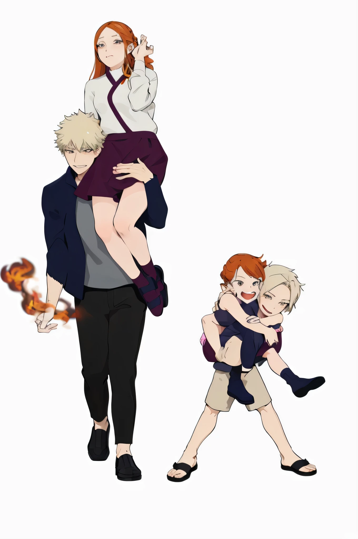anime characters of a man carrying a woman and a , rotoscoped, high quality fanart, by Naka Bokunen, official fanart, fan art, fire!! full body, siblings, official fan art, boku no hero academia style, digitally colored, husband wife and son, highly detailed exquisite fanart, happy family, future!!, they are siblings