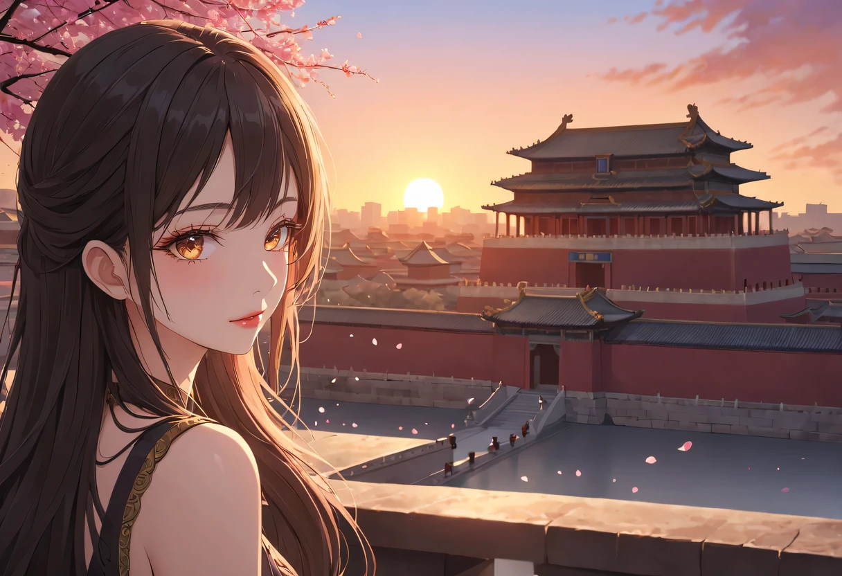 (best quality,4K,8k,high resolution,masterpiece:1.2),super detailed,portrait,美丽的详细Sunset,Beautiful and delicate lips,Extremely detailed eyes and face,long eyelashes,Styling poses,ancient city houses,飘逸of hair,Distant skyline view,夕阳照亮了the forbidden city,Create beautiful scenery,The wind blows through the city'of hair,the forbidden city,Sunset,evening afterglow,Colorful clouds,falling petals,capital city,dead tree,mottled,contour,backlight,Contrast between light and shadow,