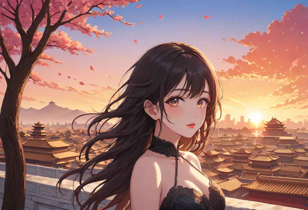 (best quality,4K,8k,high resolution,masterpiece:1.2),super detailed,portrait,美丽的详细Sunset,Beautiful and delicate lips,Extremely detailed eyes and face,long eyelashes,Styling poses,ancient city houses,飘逸of hair,Distant skyline view,夕阳照亮了the forbidden city,Create beautiful scenery,The wind blows through the city'of hair,the forbidden city,Sunset,evening afterglow,Colorful clouds,falling petals,capital city,dead tree,mottled,contour,backlight,Contrast between light and shadow,