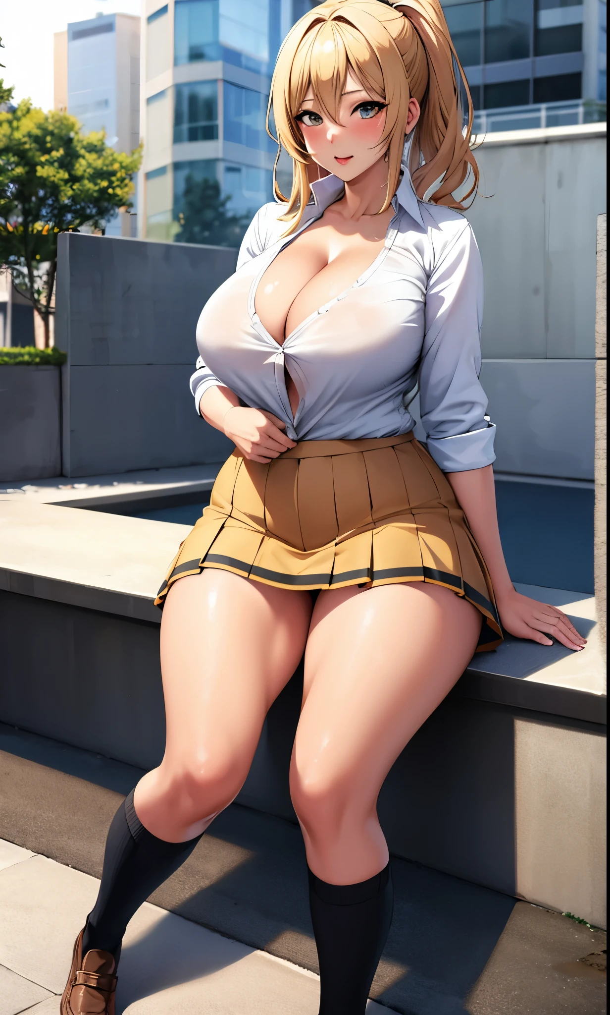 seductive anime girl, [ 4 k digital art ]!!,ultra realistic picture, overdetailed art, 8k high quality detailed art, plump gyaru,cleavage,shirt,short skirt,blonde hair,tanned skin,slouch socks,