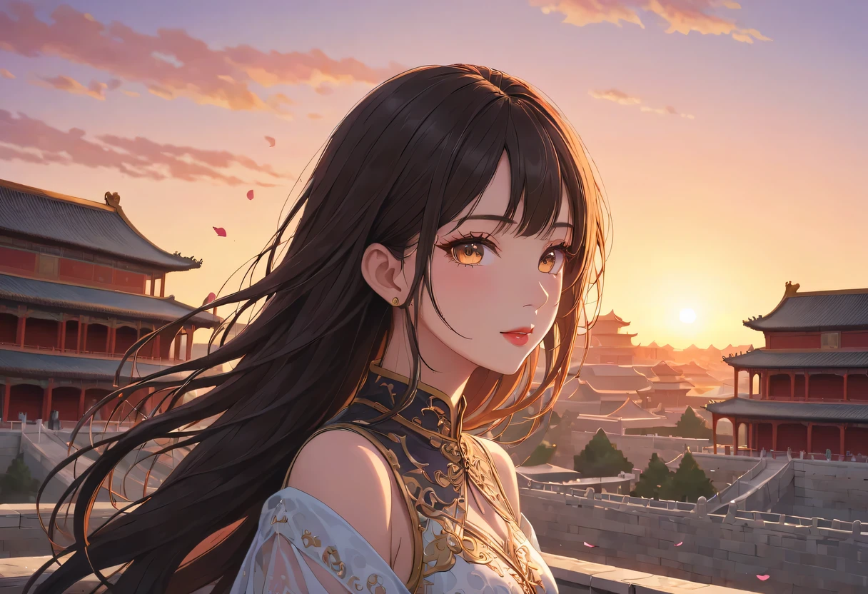 （best quality，4K，8k，high resolution，masterpiece：1.2），super detailed，portrait，美丽的详细Sunset，Beautiful and delicate lips，Extremely detailed eyes and face，long eyelashes，Styling poses，ancient city houses，飘逸of hair，Distant skyline view，夕阳照亮了the forbidden city，Create beautiful scenery，The wind blows through the city&#39;of hair，the forbidden city，Sunset，evening afterglow，Colorful clouds，falling petals，capital city，dead tree，mottled，contour，backlight，Contrast between light and shadow，