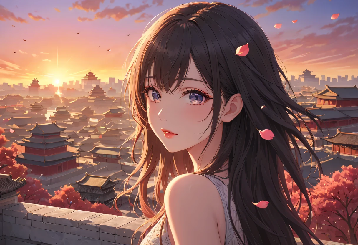 (best quality,4K,8k,high resolution,masterpiece:1.2),super detailed,portrait,美丽的详细Sunset,Beautiful and delicate lips,Extremely detailed eyes and face,long eyelashes,Styling poses,ancient city houses,飘逸of hair,Distant skyline view,夕阳照亮了the forbidden city,Create beautiful scenery,The wind blows through the city'of hair,the forbidden city,Sunset,evening afterglow,Colorful clouds,falling petals,capital city,dead tree,mottled,contour,backlight,Contrast between light and shadow,