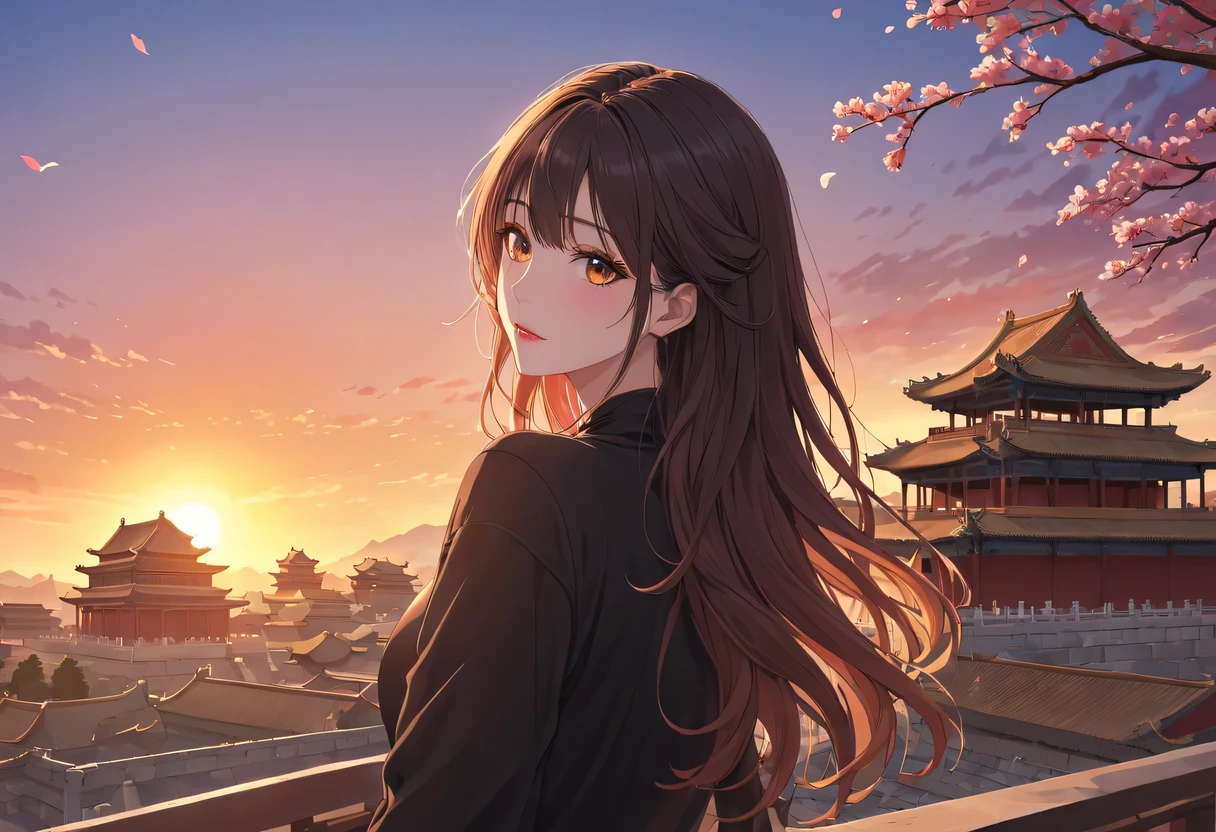 （best quality，4K，8k，high resolution，masterpiece：1.2），super detailed，portrait，美丽的详细Sunset，Beautiful and delicate lips，Extremely detailed eyes and face，long eyelashes，Styling poses，ancient city houses，飘逸of hair，Distant skyline view，夕阳照亮了the forbidden city，Create beautiful scenery，The wind blows through the city&#39;of hair，the forbidden city，Sunset，evening afterglow，Colorful clouds，falling petals，capital city，dead tree，mottled，contour，backlight，Contrast between light and shadow，