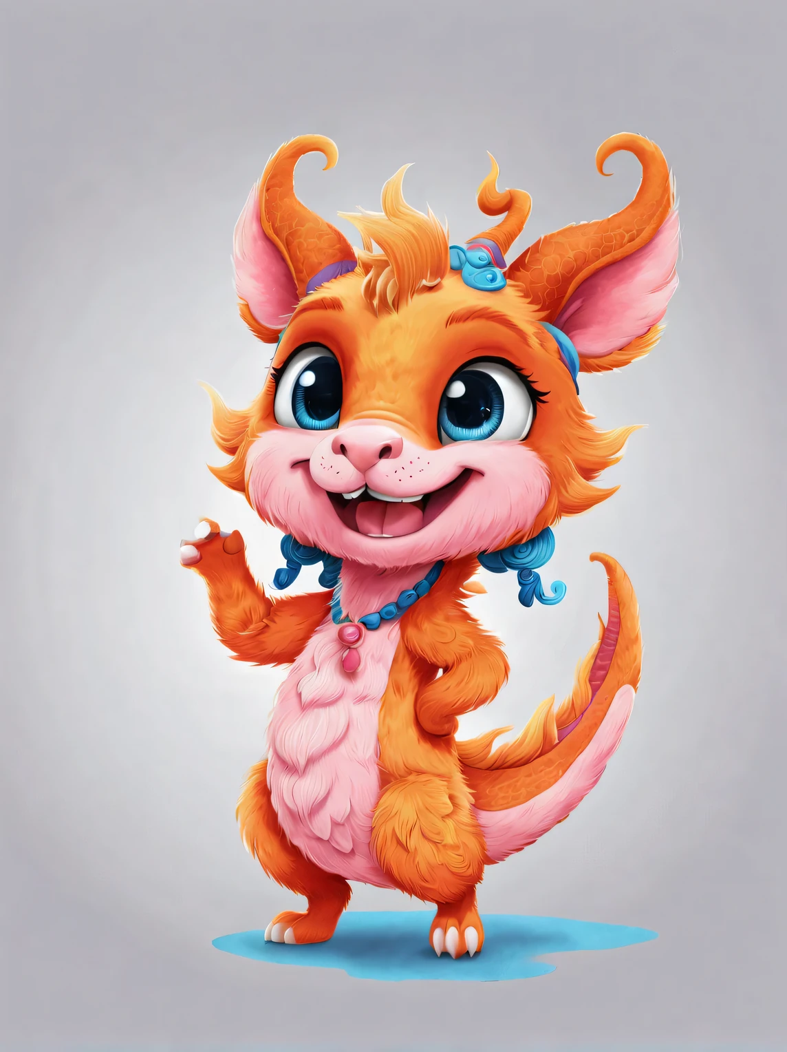 role conception, Featuring the adorable zodiac sign Dragon，exaggerated gait, orange fur, big blue eyes, Squint your eyes and smile mischievously (Crescent), Wearing scarlet clothes, range mark drawing, monochrome, Ballpoint pen outline, 4K, soft pink, interesting,