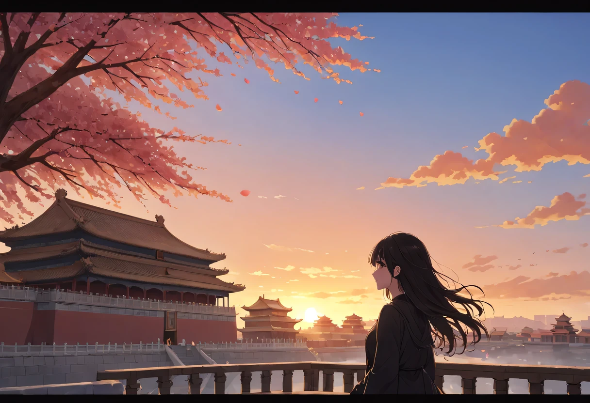 (best quality,4K,8k,high resolution,masterpiece:1.2),super detailed,portrait,美丽的详细Sunset,Beautiful and delicate lips,Extremely detailed eyes and face,long eyelashes,Styling poses,ancient city houses,飘逸of hair,Distant skyline view,夕阳照亮了the forbidden city,Create beautiful scenery,The wind blows through the city'of hair,the forbidden city,Sunset,evening afterglow,Colorful clouds,falling petals,capital city,dead tree,mottled,contour,backlight,Contrast between light and shadow,