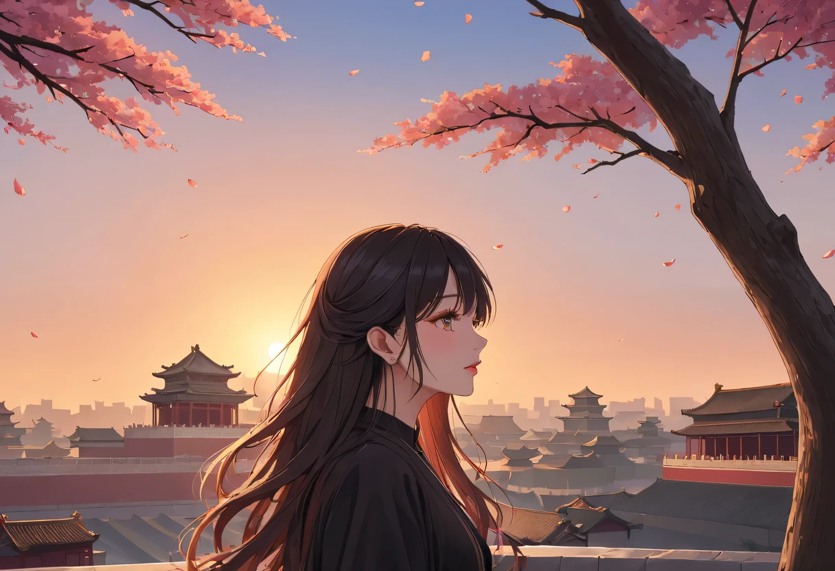 (best quality,4K,8k,high resolution,masterpiece:1.2),super detailed,portrait,美丽的详细Sunset,Beautiful and delicate lips,Extremely detailed eyes and face,long eyelashes,Styling poses,ancient city houses,飘逸of hair,Distant skyline view,夕阳照亮了the forbidden city,Create beautiful scenery,The wind blows through the city'of hair,the forbidden city,Sunset,evening afterglow,Colorful clouds,falling petals,capital city,dead tree,mottled,contour,backlight,Contrast between light and shadow,