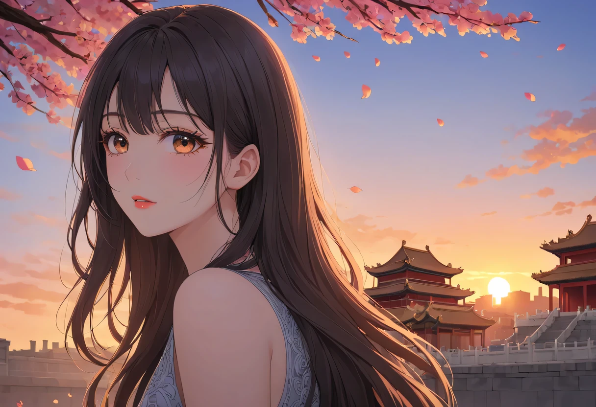 （best quality，4K，8k，high resolution，masterpiece：1.2），super detailed，portrait，美丽的详细Sunset，Beautiful and delicate lips，Extremely detailed eyes and face，long eyelashes，Styling poses，ancient city houses，飘逸of hair，Distant skyline view，夕阳照亮了the forbidden city，Create beautiful scenery，The wind blows through the city&#39;of hair，the forbidden city，Sunset，evening afterglow，Colorful clouds，falling petals，capital city，dead tree，mottled，contour，backlight，Contrast between light and shadow，