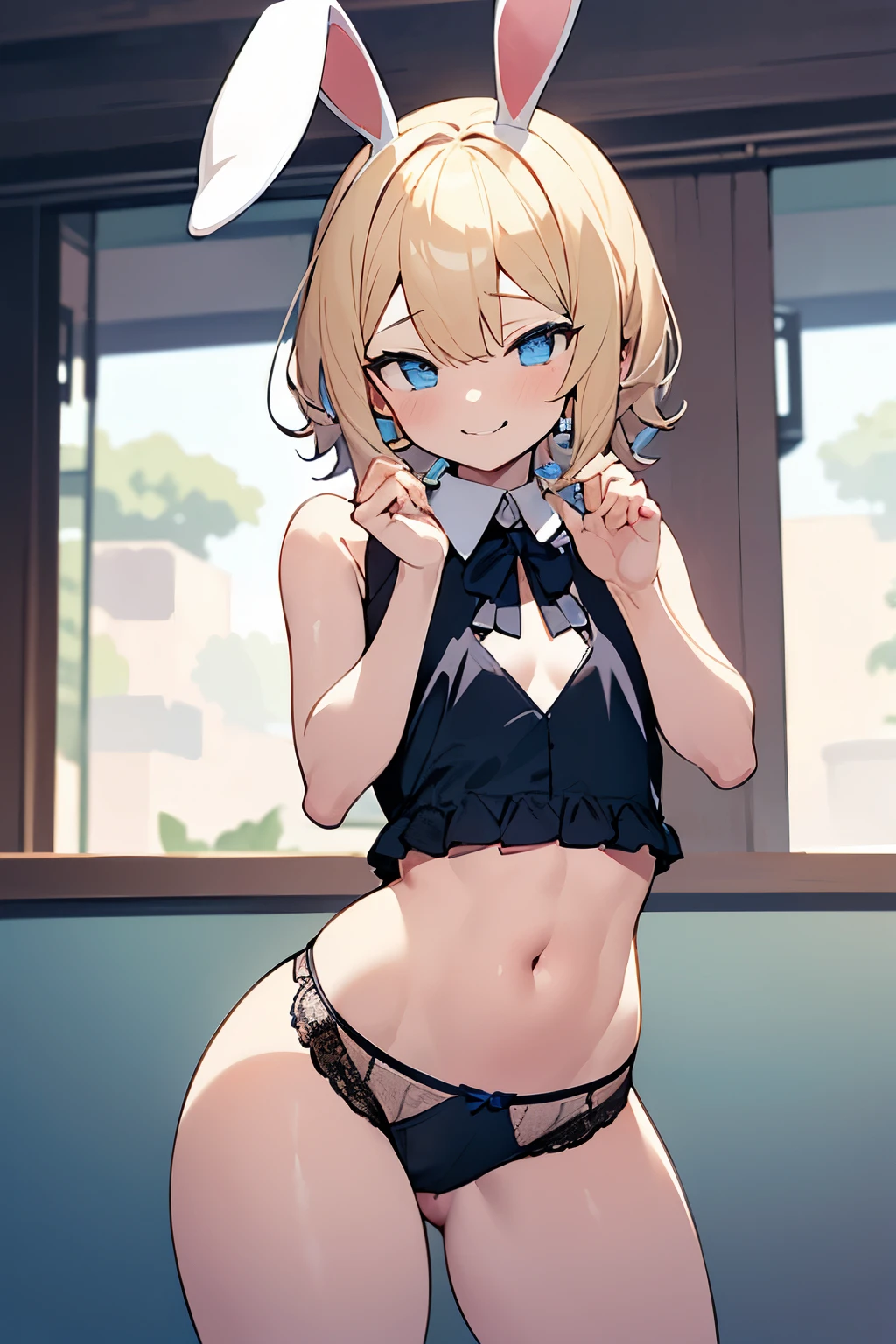 (((masterpiece))),highres,absurdres,(((best quality))),official art,perfect lighting,looking at viewer,aquarium,indoors,
1boy, femboy, tiny chest, curious smile, shy manner, flushed cheeks, thin waist, down bunny ears, bunny boy, cut curvy hair, blonde hair, blue eyes, angelic eyes, round eyes, pastel color, (PastelColors: 1.3), cute doll cropped, white underpants , little ribbon, big volume in underwear, random pose, face focus, ((sharpness)), (perfect hands), wide hips, ((( medium dick on panties)))