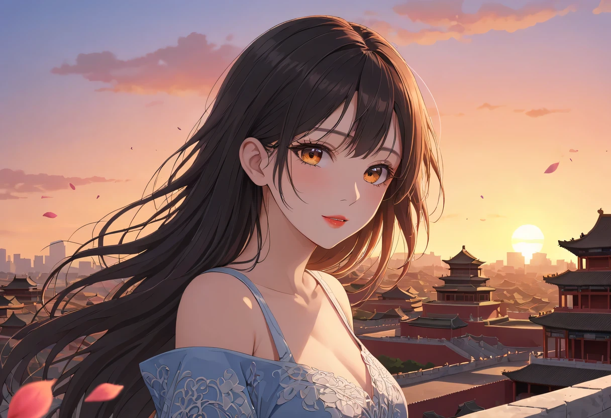 (best quality,4K,8k,high resolution,masterpiece:1.2),super detailed,portrait,美丽的详细Sunset,Beautiful and delicate lips,Extremely detailed eyes and face,long eyelashes,Styling poses,ancient city houses,飘逸of hair,Distant skyline view,夕阳照亮了the forbidden city,Create beautiful scenery,The wind blows through the city'of hair,the forbidden city,Sunset,evening afterglow,Colorful clouds,falling petals,capital city,dead tree,mottled,contour,backlight,Contrast between light and shadow,