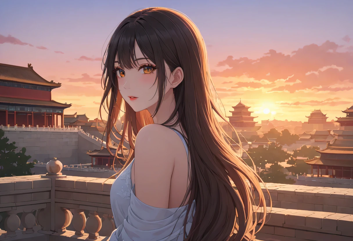 （best quality，4K，8k，high resolution，masterpiece：1.2），super detailed，portrait，美丽的详细Sunset，Beautiful and delicate lips，Extremely detailed eyes and face，long eyelashes，Styling poses，ancient city houses，飘逸of hair，Distant skyline view，夕阳照亮了the forbidden city，Create beautiful scenery，The wind blows through the city&#39;of hair，the forbidden city，Sunset，evening afterglow，Colorful clouds，falling petals，capital city，dead tree，mottled，contour，backlight，Contrast between light and shadow，