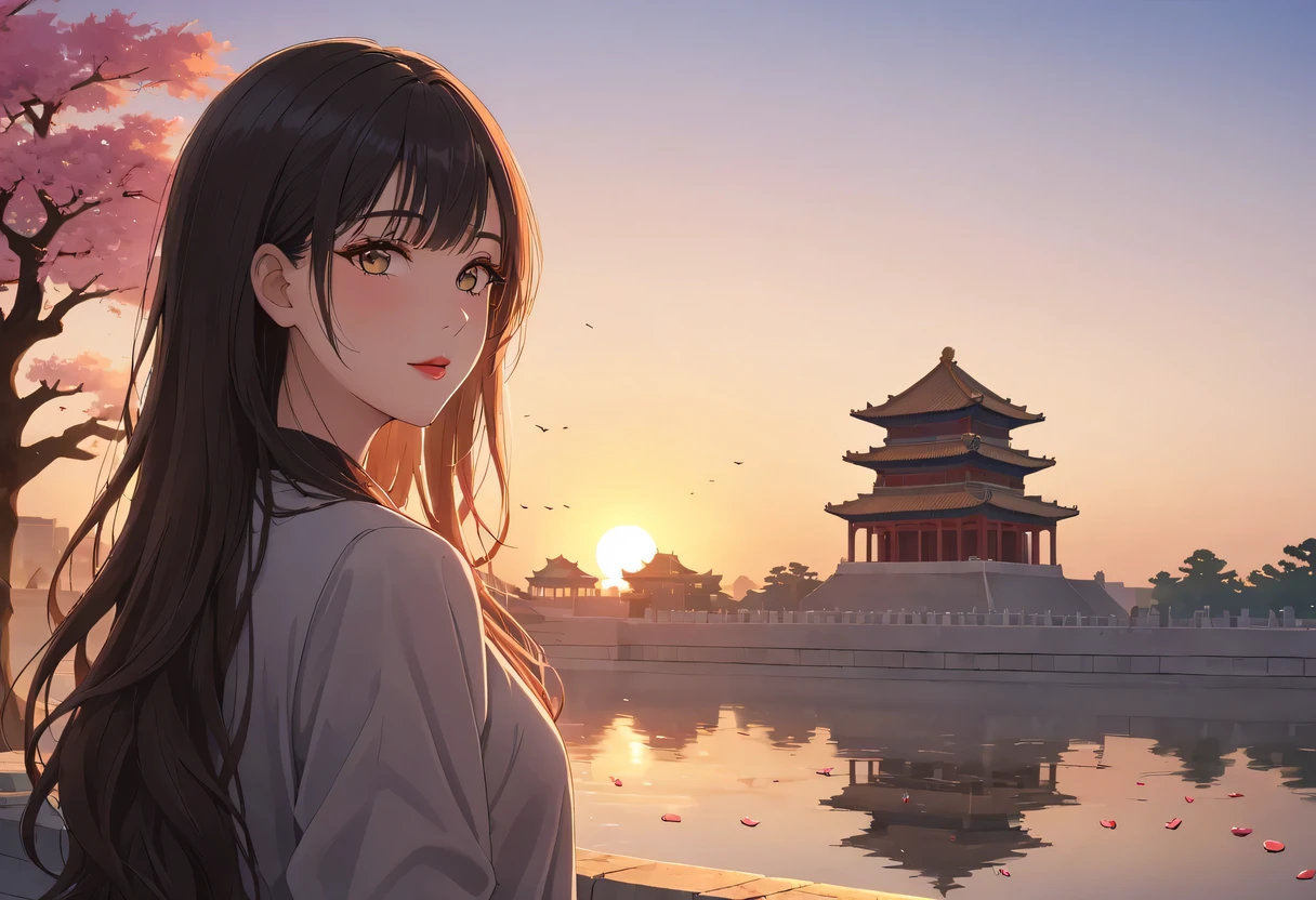 (best quality,4K,8k,high resolution,masterpiece:1.2),super detailed,portrait,美丽的详细Sunset,Beautiful and delicate lips,Extremely detailed eyes and face,long eyelashes,Styling poses,ancient city houses,飘逸of hair,Distant skyline view,夕阳照亮了the forbidden city,Create beautiful scenery,The wind blows through the city'of hair,the forbidden city,Sunset,evening afterglow,Colorful clouds,falling petals,capital city,dead tree,mottled,contour,backlight,Contrast between light and shadow,