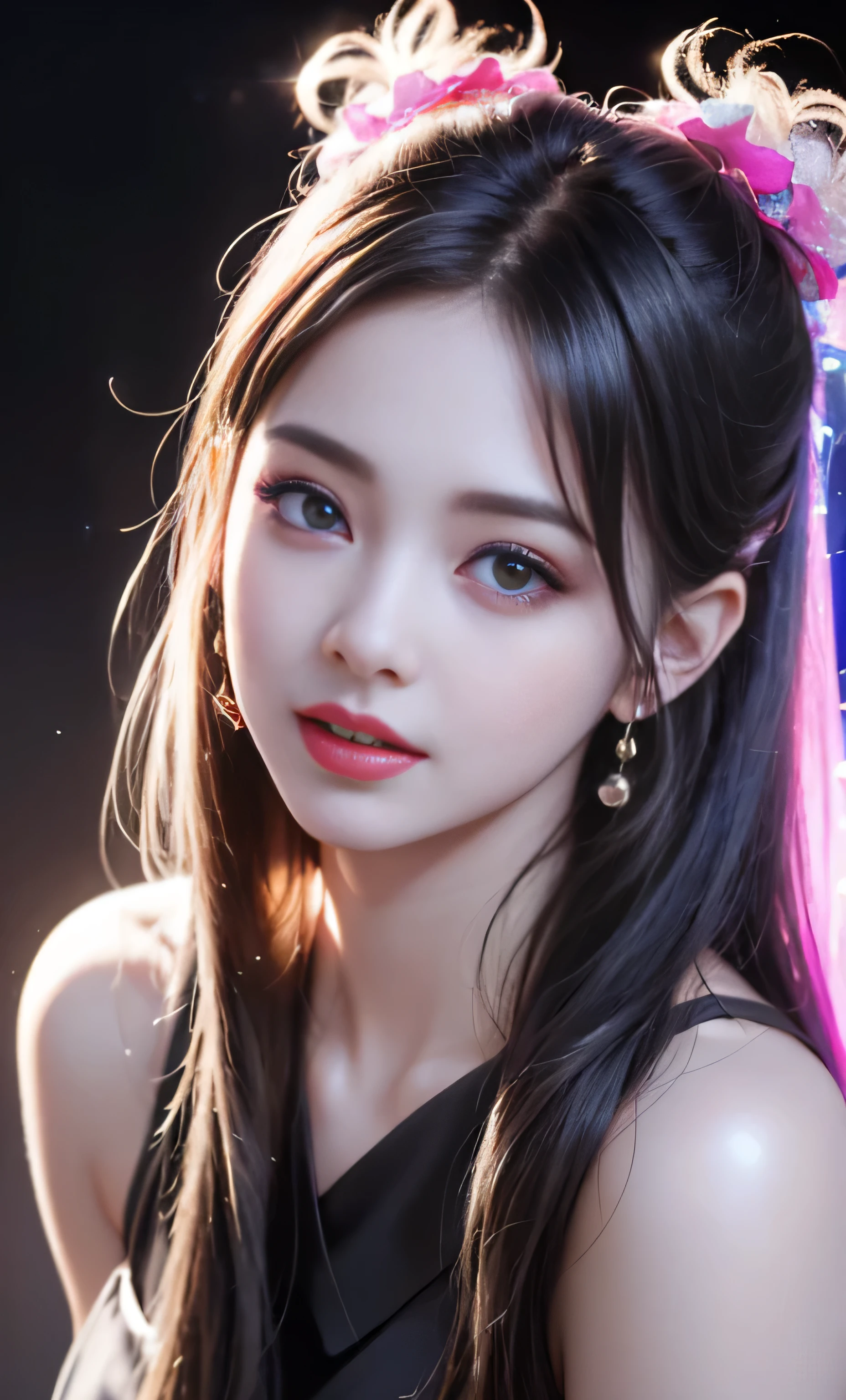 (8K, RAW photo, realistic: 1.25), (lip gloss, eyelash, shiny face, shiny skin, highest quality, ultra high resolution, written boundary depth, chromatic aberration, caustics, wide range lighting, natural shading, K-POP idol) kind, Viewers watching the happiness of the goddess, (Dark Maid:1.2), mini skirt