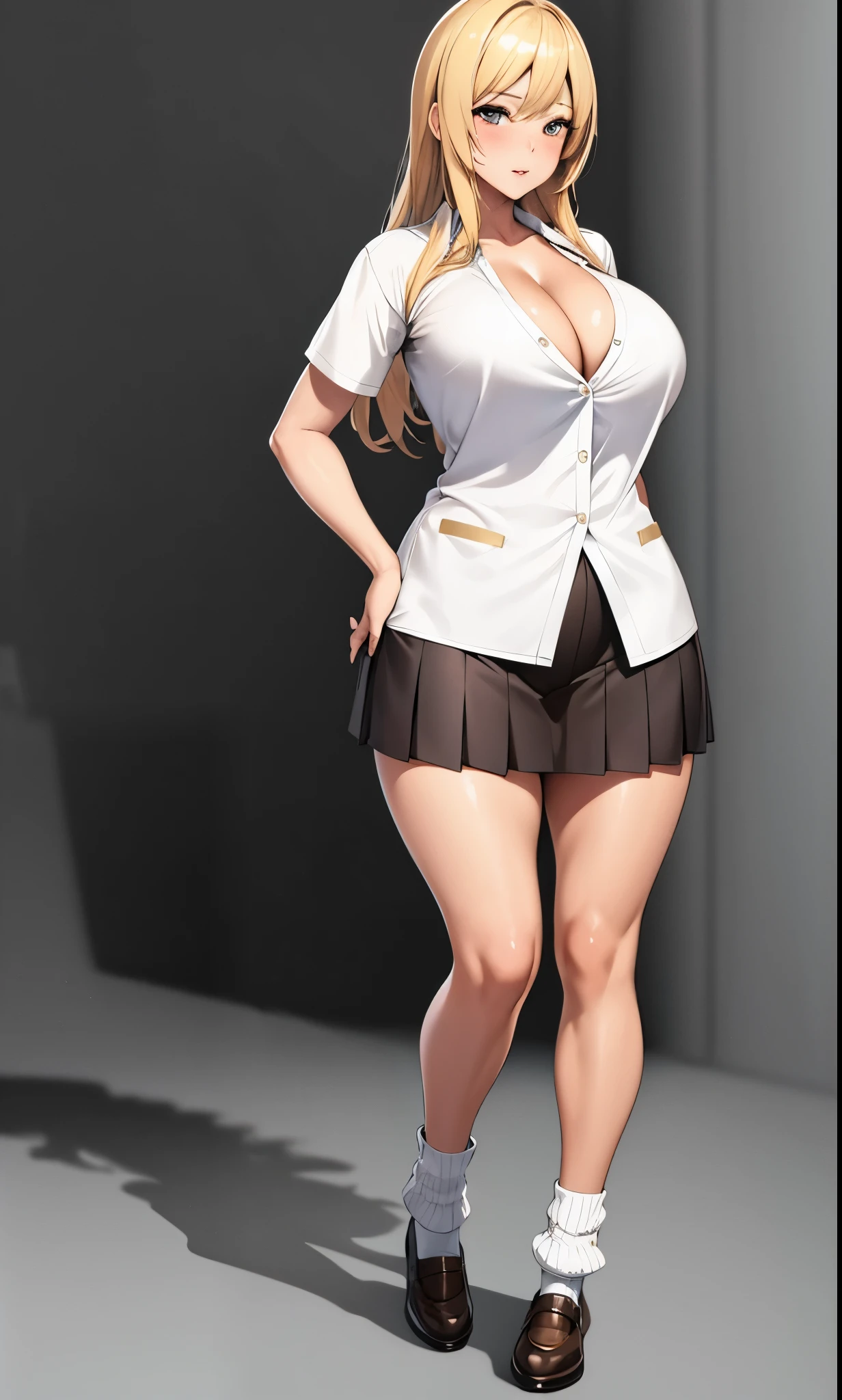 seductive anime girl, [ 4 k digital art ]!!,ultra realistic picture, overdetailed art, 8k high quality detailed art, plump gyaru,cleavage,shirt,short skirt,blonde hair,tanned skin,slouch socks,