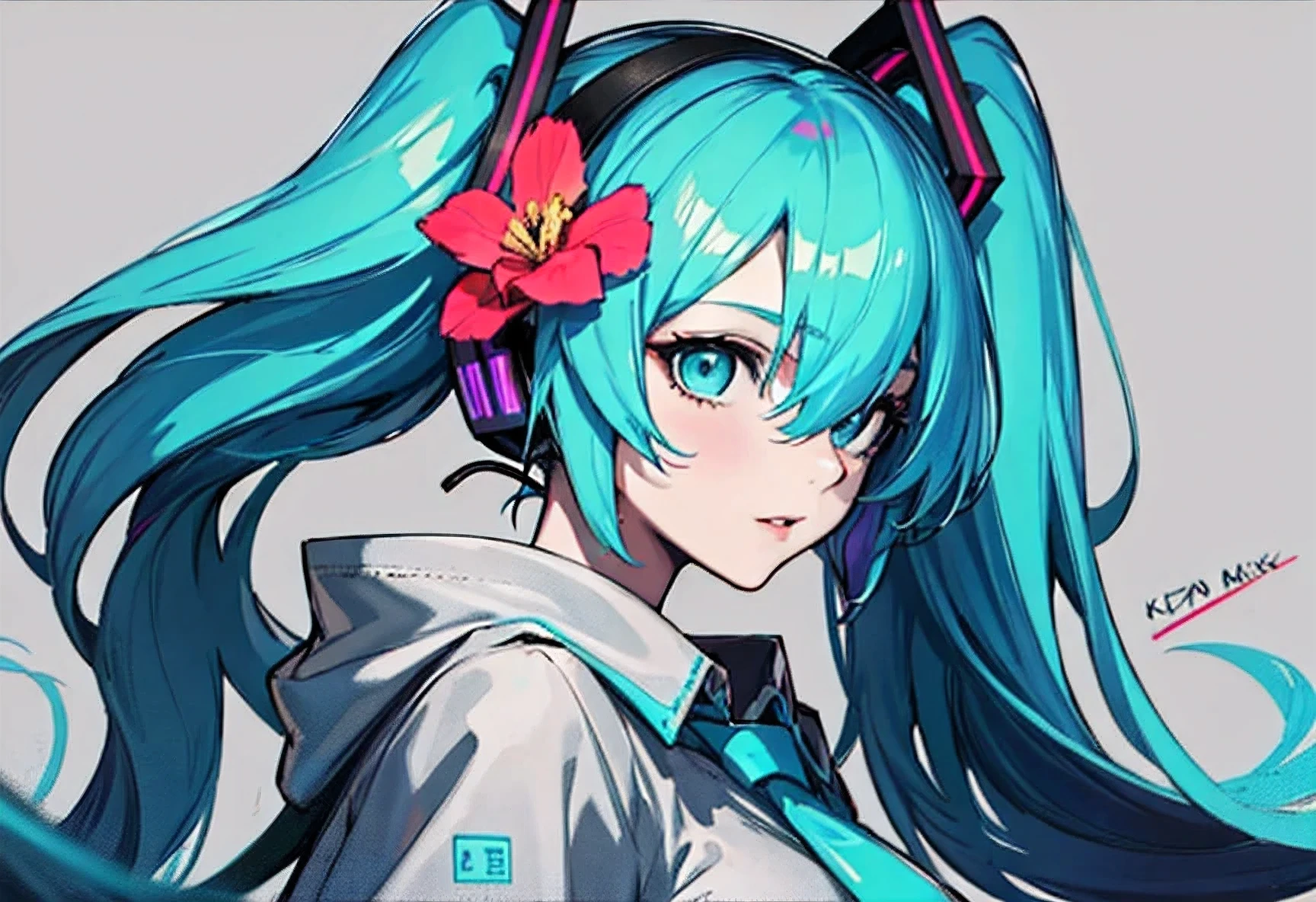anime girl with flowers in her hair and a gray background, zerochan art, digital art on pixiv, zerochan, anime art wallpaper 4k, anime art wallpaper 4k, pixiv, trending on artstation pixiv, 2d art cover, hatsune miku, cyan colored hair, hatsune miku headphone with flower accent, heads looking right side, eyes on camera