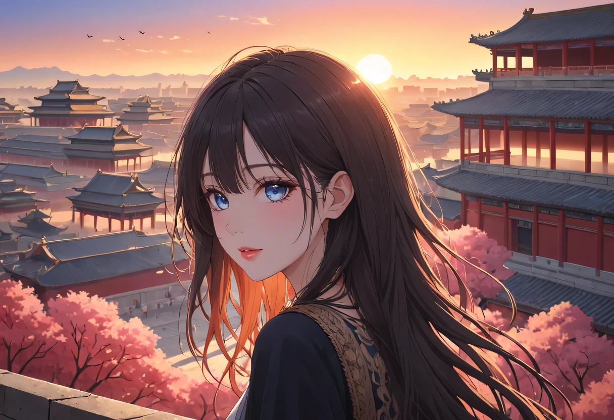 (best quality,4K,8k,high resolution,masterpiece:1.2),super detailed,portrait,Beautiful and delicate eyes,Beautiful and delicate lips,Extremely detailed eyes and face,long eyelashes,Styling poses,ancient city houses,飘逸of hair,Distant skyline view,夕阳照亮了the forbidden city,Create beautiful scenery,The wind blows through the city'of hair,the forbidden city,Sunset,evening afterglow,Colorful clouds,falling petals,capital city,dead tree,mottled,contour,backlight,Contrast between light and shadow,