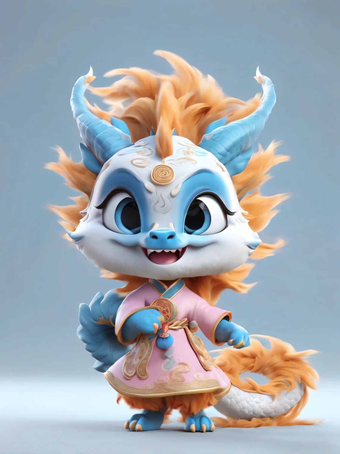 3d rendering, realistic fur, role conception, The cute Chinese zodiac sign Dragon takes an exaggerated stride, dynamic action, orange fur, big blue eyes, Squint your eyes and smile mischievously (Eyes narrowed into crescent shape), Wearing scarlet clothes, range mark drawing, monochrome, Ballpoint pen outline, 4K, soft pink, interesting,