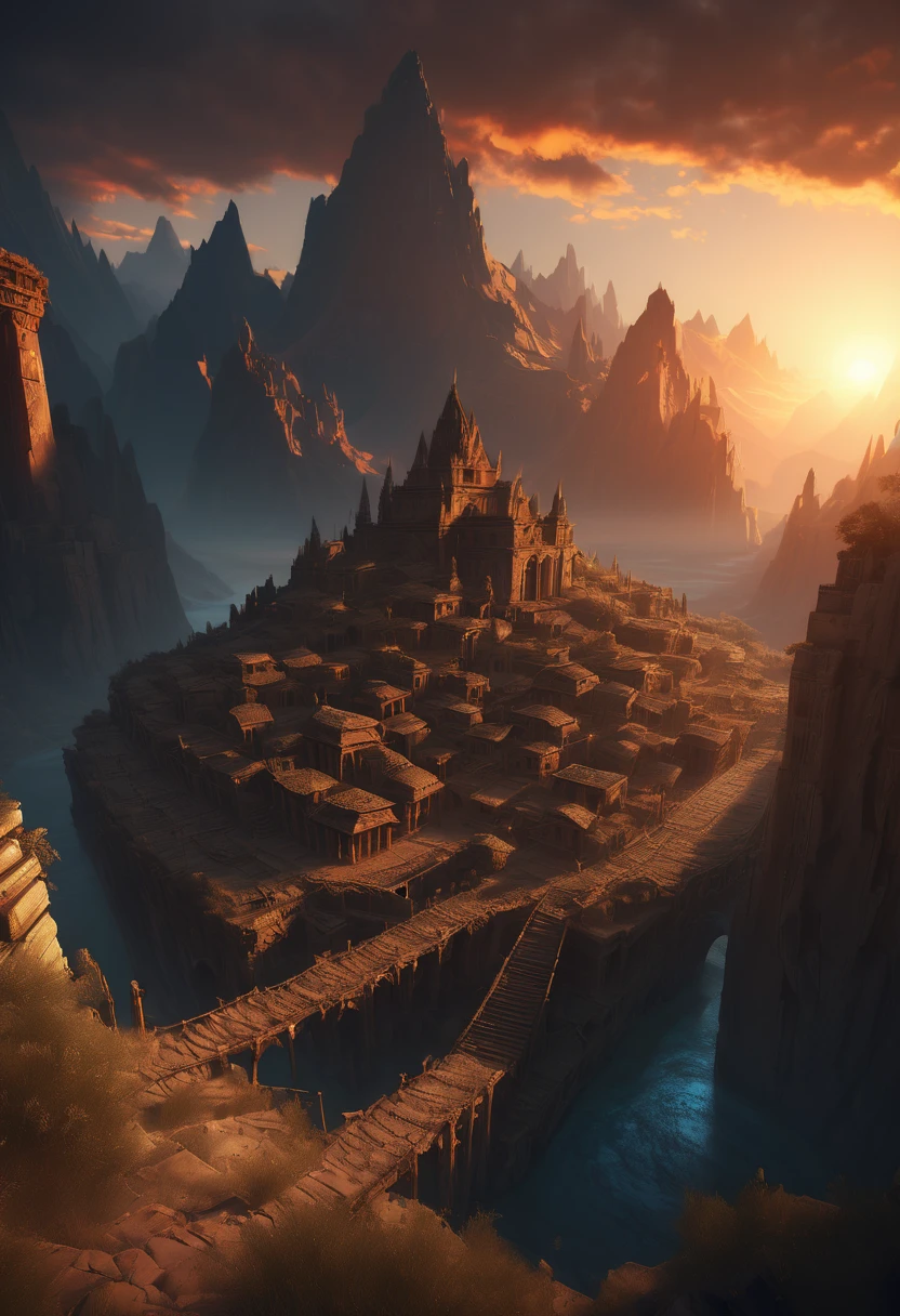 Ancient City at Sunset, by Wu Guanzhong, panoramic view, Ultra high saturation, (best quality, masterpiece, Representative work, official art, Professional, unity 8k wallpaper:1.3)
