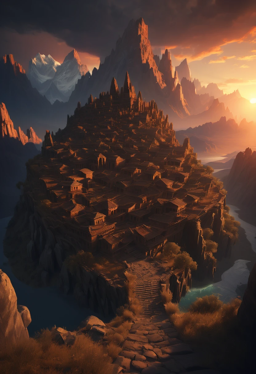 Ancient City at Sunset, by Wu Guanzhong, panoramic view, Ultra high saturation, (best quality, masterpiece, Representative work, official art, Professional, unity 8k wallpaper:1.3)