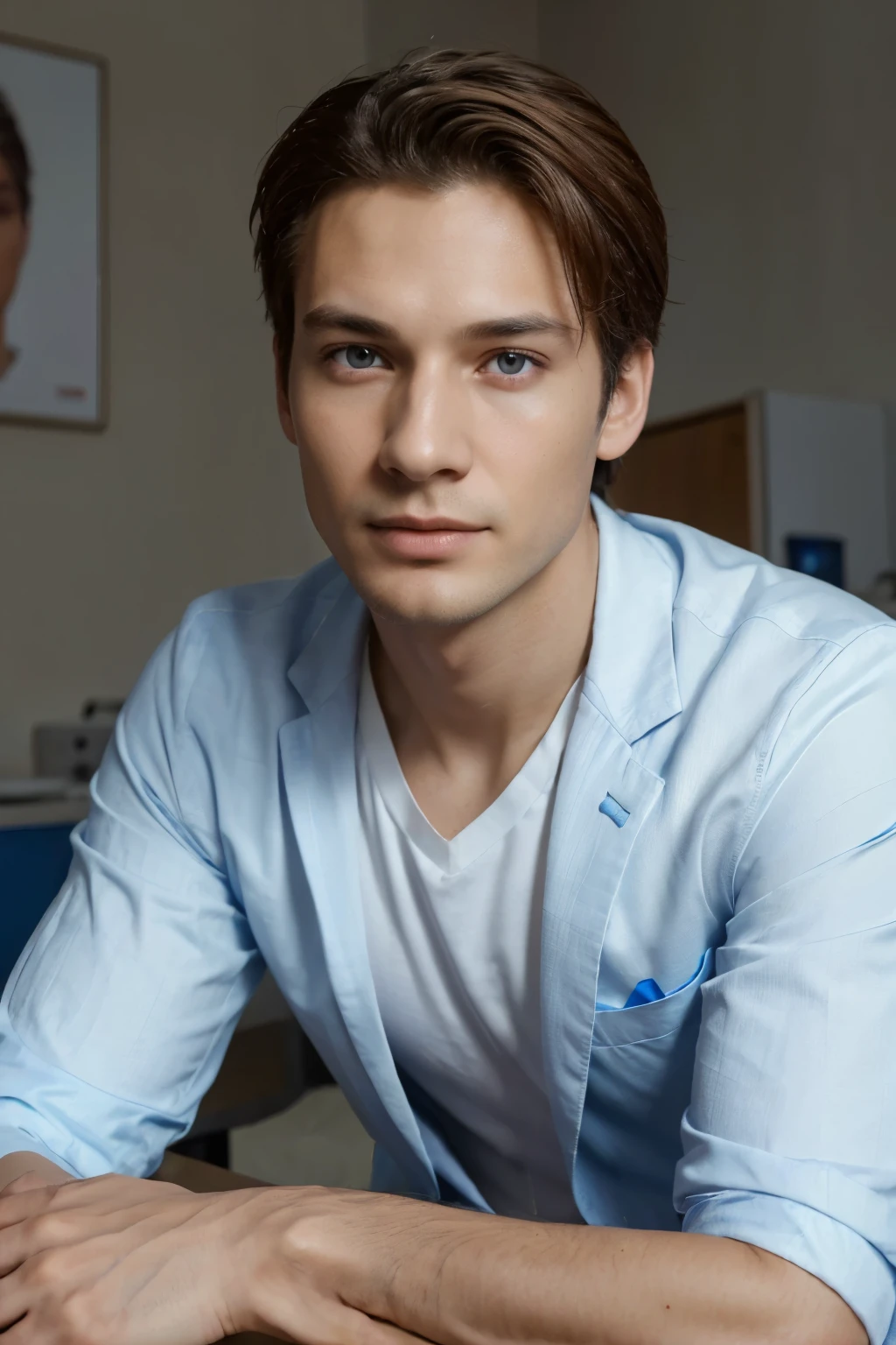 High quality, high definition, high resolution, 8k portrait, very detailed skin, 35 years old, boy, slender body, in hospital, refreshing type, beautiful face, blue contact lenses, wheat-colored skin, looking at camera, wear white suit with shirt, sitting behind the table, portrait