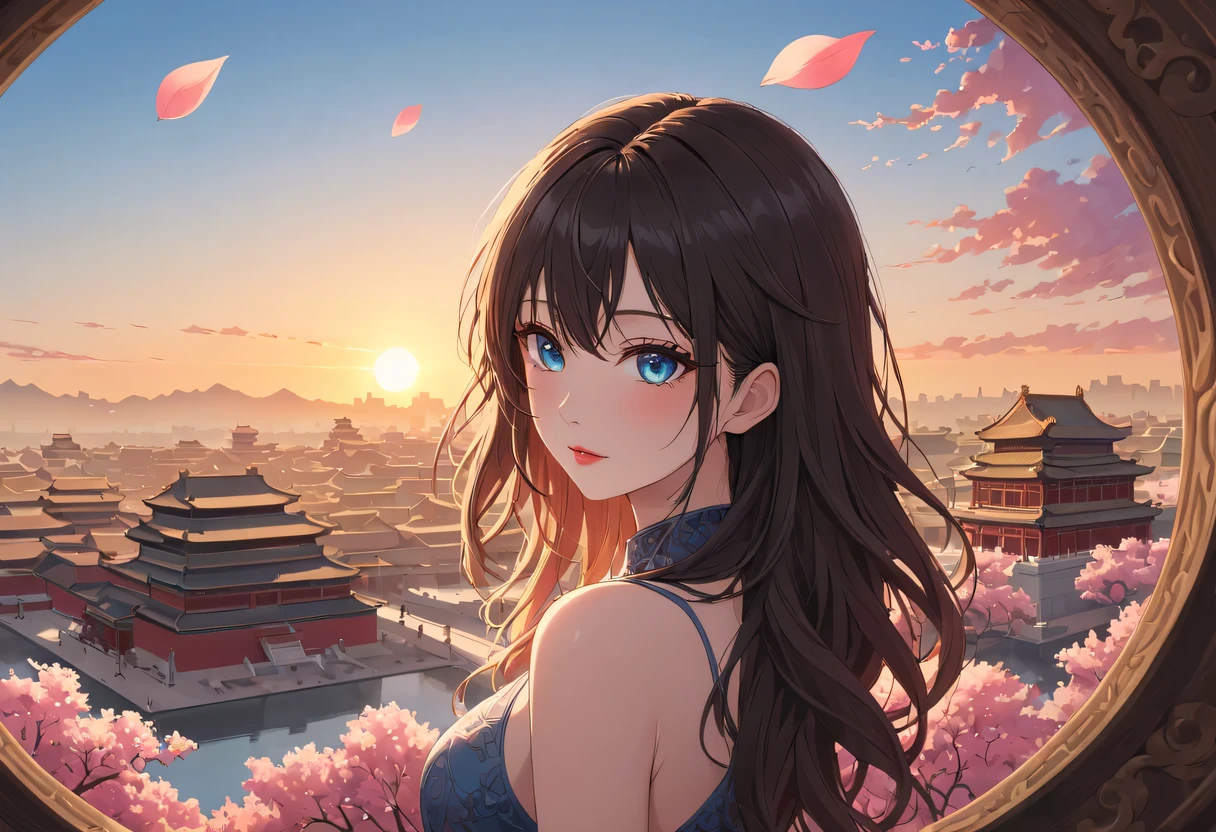 (best quality,4K,8k,high resolution,masterpiece:1.2),super detailed,portrait,Beautiful and delicate eyes,Beautiful and delicate lips,Extremely detailed eyes and face,long eyelashes,Styling poses,urban house,飘逸of hair,Distant skyline view,夕阳下的the forbidden city,Create beautiful scenery,The wind blows the girl'of hair,the forbidden city,Sunset,evening afterglow,Colorful clouds,falling petals,capital city,dead tree,mottled,contour,backlight,Contrast between light and shadow,