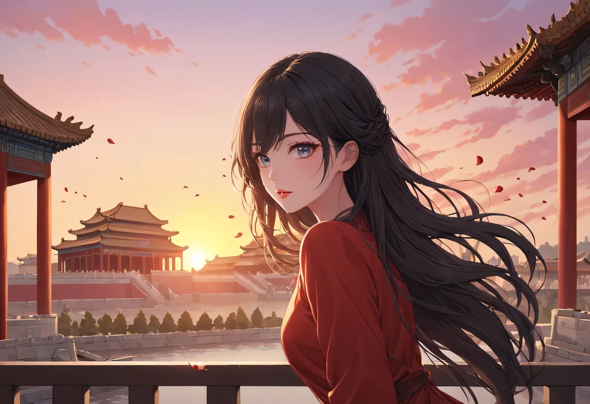 (best quality,4K,8k,high resolution,masterpiece:1.2),super detailed,portrait,Beautiful and delicate eyes,Beautiful and delicate lips,Extremely detailed eyes and face,long eyelashes,Styling poses,urban house,飘逸of hair,Distant skyline view,夕阳下的the forbidden city,Create beautiful scenery,The wind blows the girl'of hair,the forbidden city,Sunset,evening afterglow,Colorful clouds,falling petals,capital city,dead tree,mottled,contour,backlight,Contrast between light and shadow,
